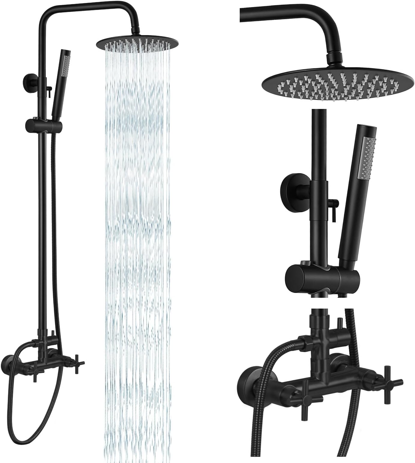 gotonovo Outdoor Shower Fixtures SUS304 Stainless Steel Rain Shower Kit Faucet High Pressure Wall Mount 2 Dual Function 8 Inch Showerhead and Handheld Spray Combo, Double Cross Handle, Matte Black