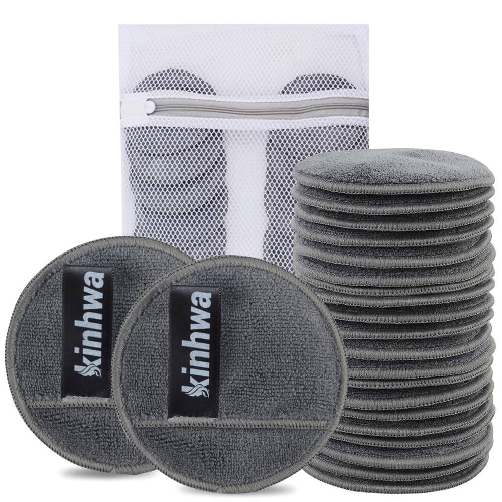 KinHwa Disques démaquillants réutilisables en microfibre, ronds, pour le visage, les yeux et les lèvres, lavables, pour tous types de peau, gris, 20 pièces