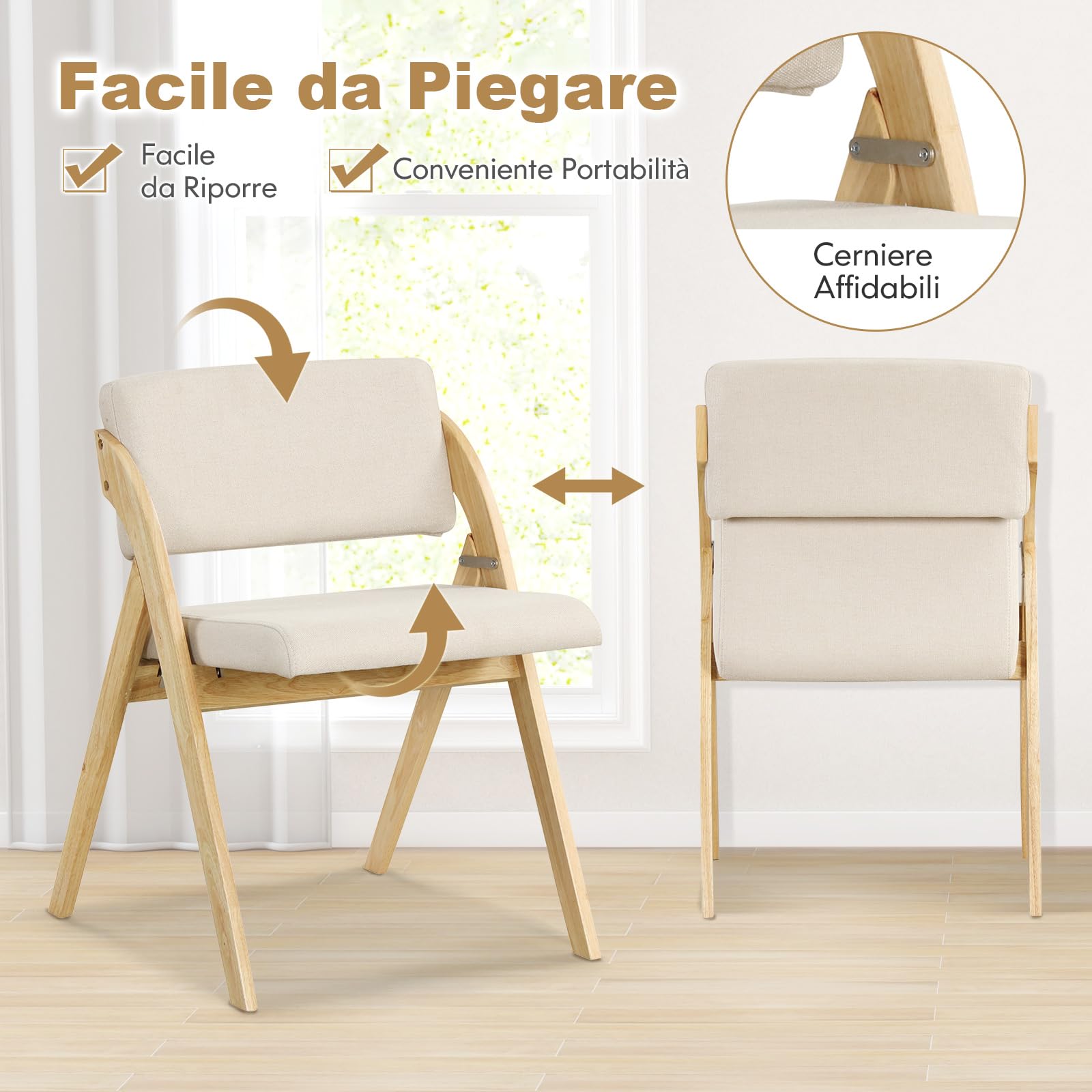 COSTWAY Set 2 Sedie da Pranzo, Sedia da Cucina Pieghevole con Gambe in Legno di Gomma, Sedile e Schienale Imbottiti, Sedia Portatile per Casa Ufficio Matrimonio, Portata 160 kg (Naturale)