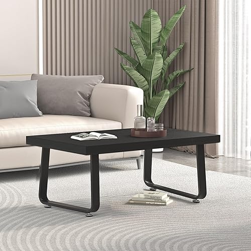 Miniatura 5 de HSH Mesa de centro moderna negra, mesa central de madera rústica y metal, mesas de café simples para sala de estar, mesa de café industrial