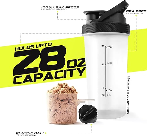 Miniatura 3 de KICHLY Shaker Bottle - Botella mezcladora de proteínas de plástico de 28 onzas para antes y después del entrenamiento con bola agitadora de plástico