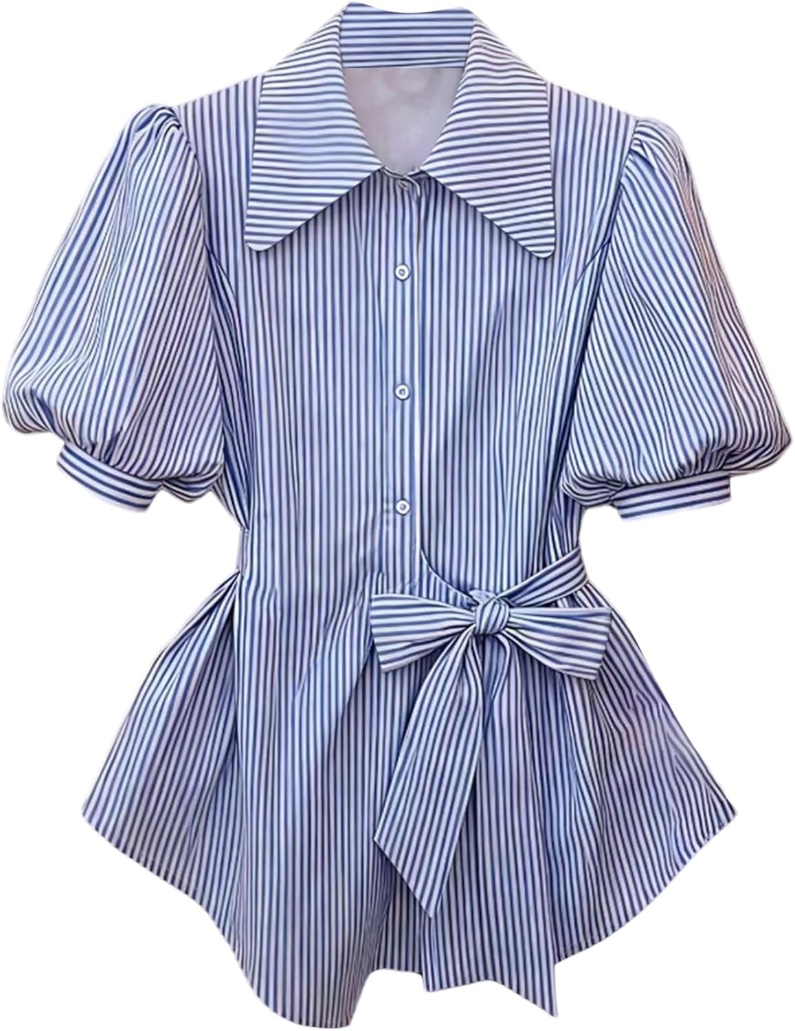 Verdusa Women's Bow Tie Belted Dressy Blouses Striped Button Down Shirts Puff Sleeve Collared Tops Business Casual Outfits