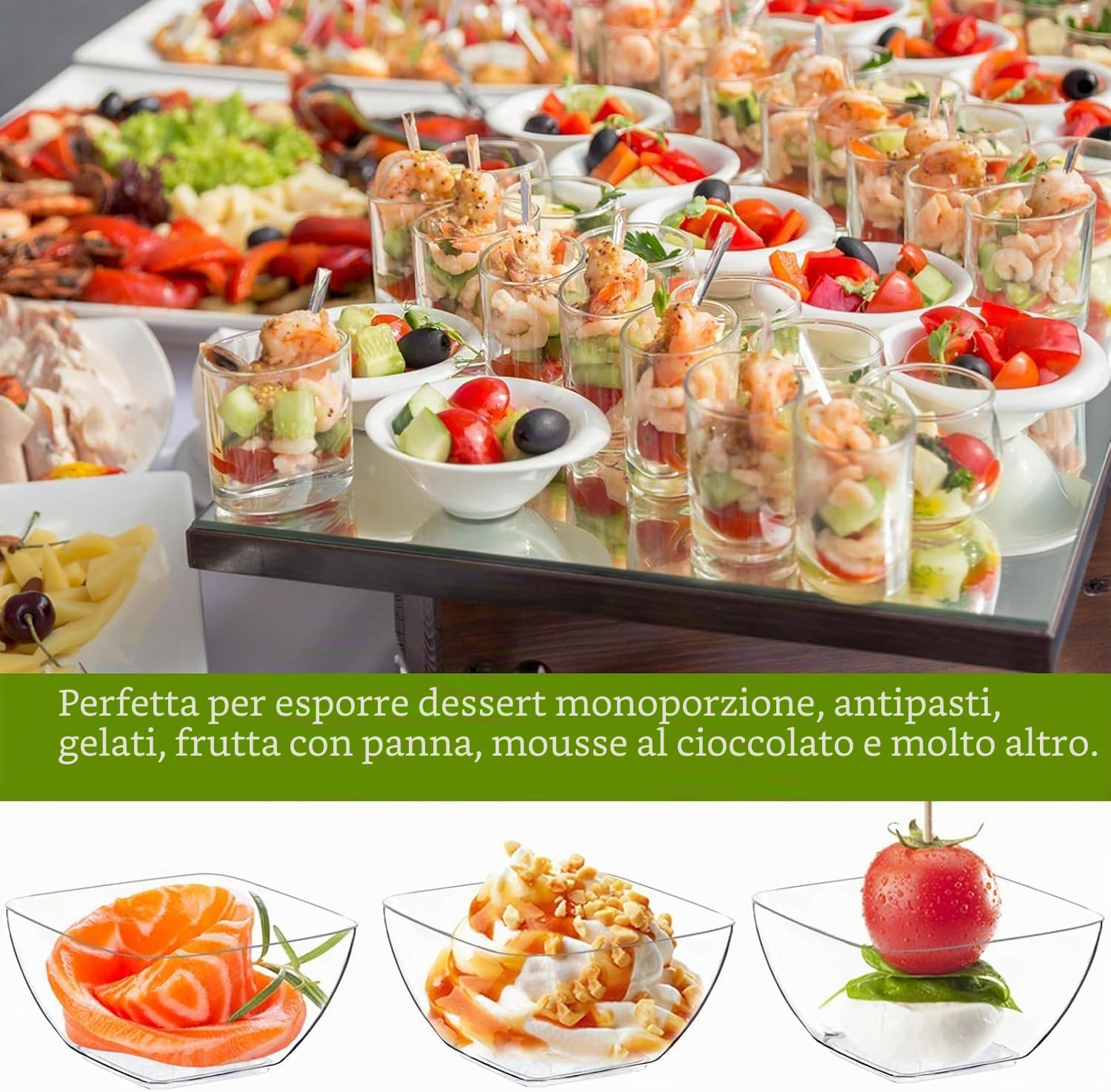 KAHEIGN 100 Pezzi Tazze da Dessert in Plastica con Cucchiai, 60ml Quadrato Coppetta Trasparente per Antipasti Ciotola da Portata Riutilizzabile con Cucchiaio per Dessert Budino Mousse Festa (5 x 3cm)