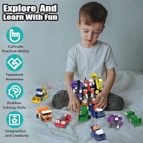 Miniatura 7 de Wenbeier Vehículos de construcción, juguetes 6 en 1 para desmontar robot, juguetes de ingeniería, deformación de vehículos, camión robot, conjunto