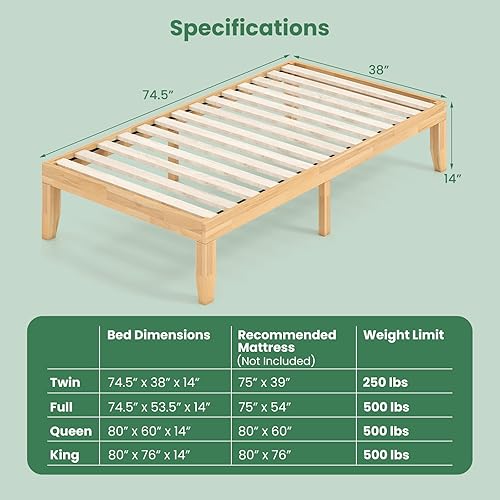 Miniatura 83 de KOMFOTT Base de cama de plataforma de madera de 14 pulgadas, tamaño individual, base de colchón de madera con marco de madera de goma, fuerte Marrón