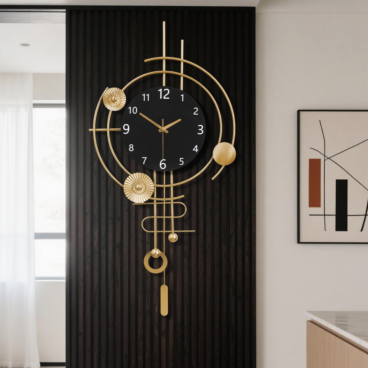 Wall Clock,Silent Quartz Movement Battery Operated with Pendulum,Oversized Metal Modern Large Wall Clocks for Living Room Bedroom Farmhouse Office Kitchen Home Wall Decor-38.8x79CM(Golden Black)