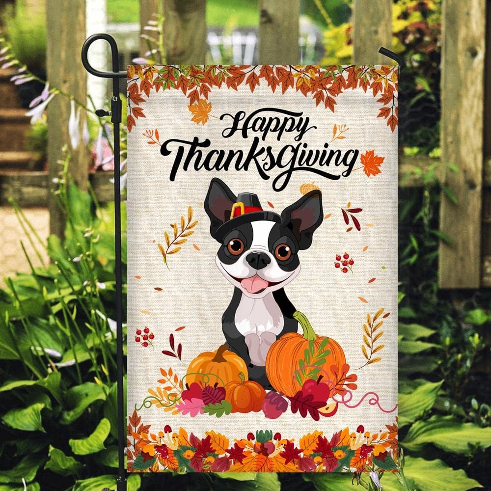 Happy Thanksgiving Funny Boston Terrier Flag Fall Pumpkin Farmhouse Autumn Thanksgiving (12" x 18") USA Garden Flag Premium Decorative Yard Outdoor Flags
