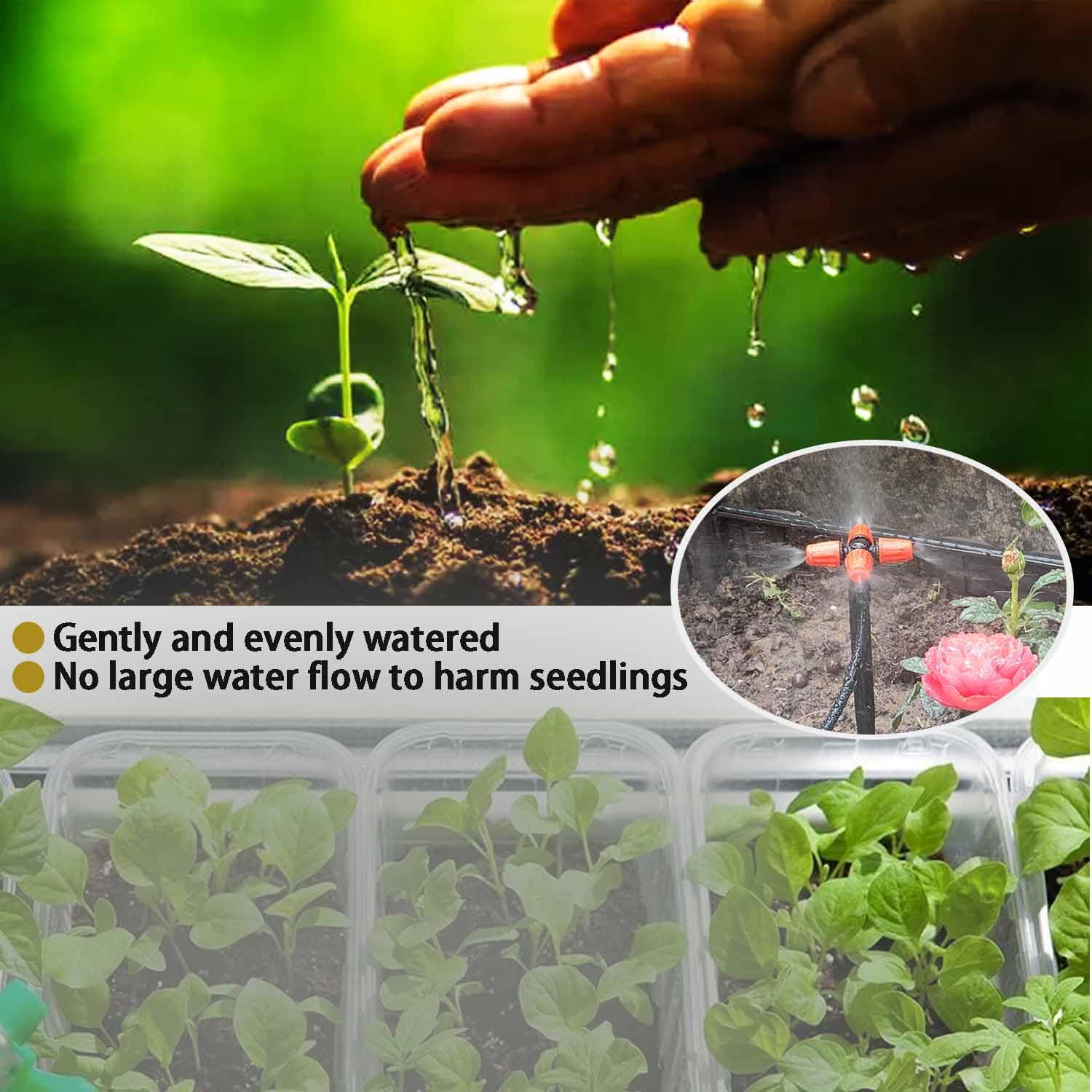 Kit de riego por goteo sistema de riego automático con temporizador de agua de 64 pies, tubo de 1/4 y 12 boquillas de riego de lluvia en 4 direcciones para plantas en maceta, patio, césped, plantas