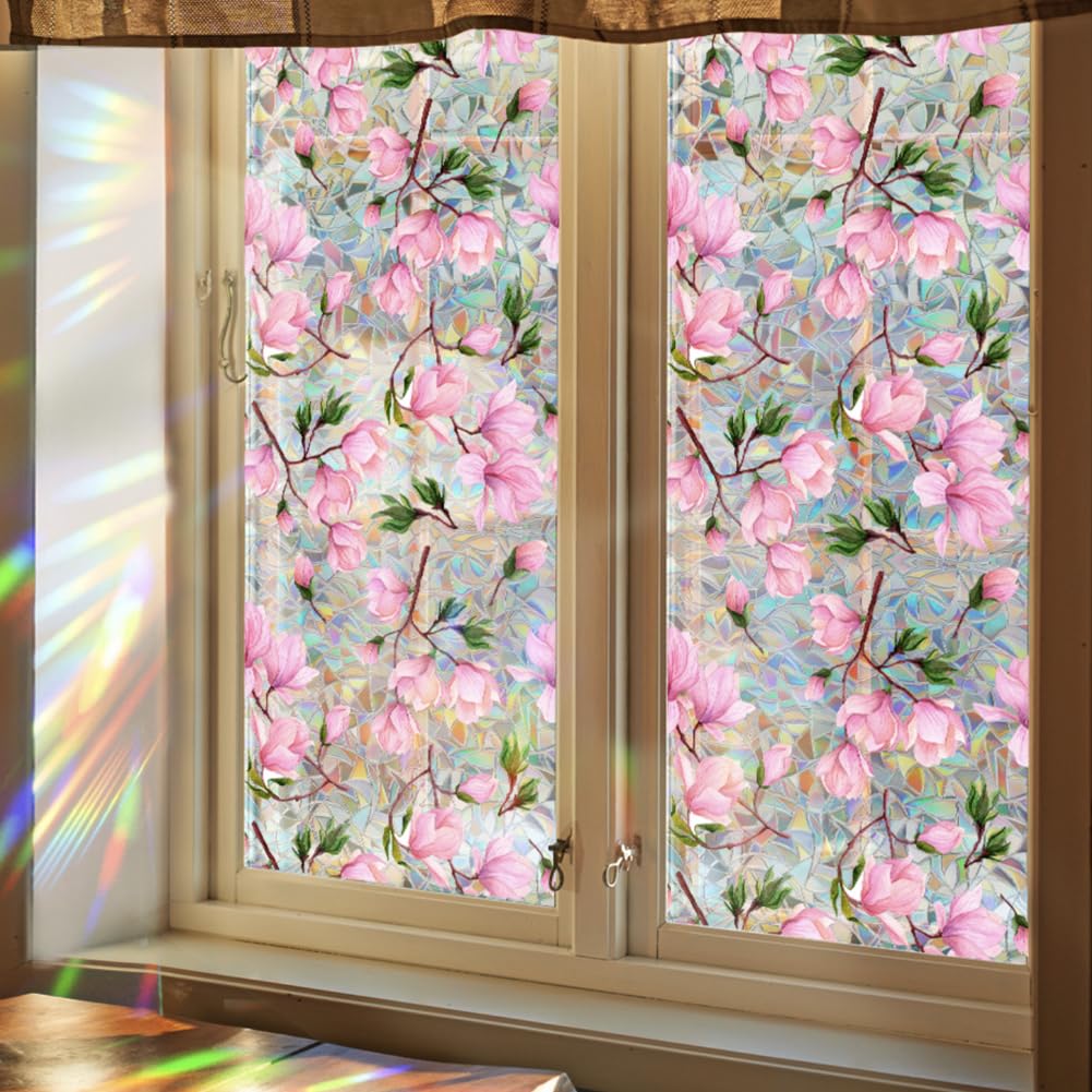 Runtoo Pellicola Per Finestre Decorativa Arcobaleno - Uccelli E Fiori, Static Cling Non Adesiva, Protezione UV, 43,2 Cm X 2m