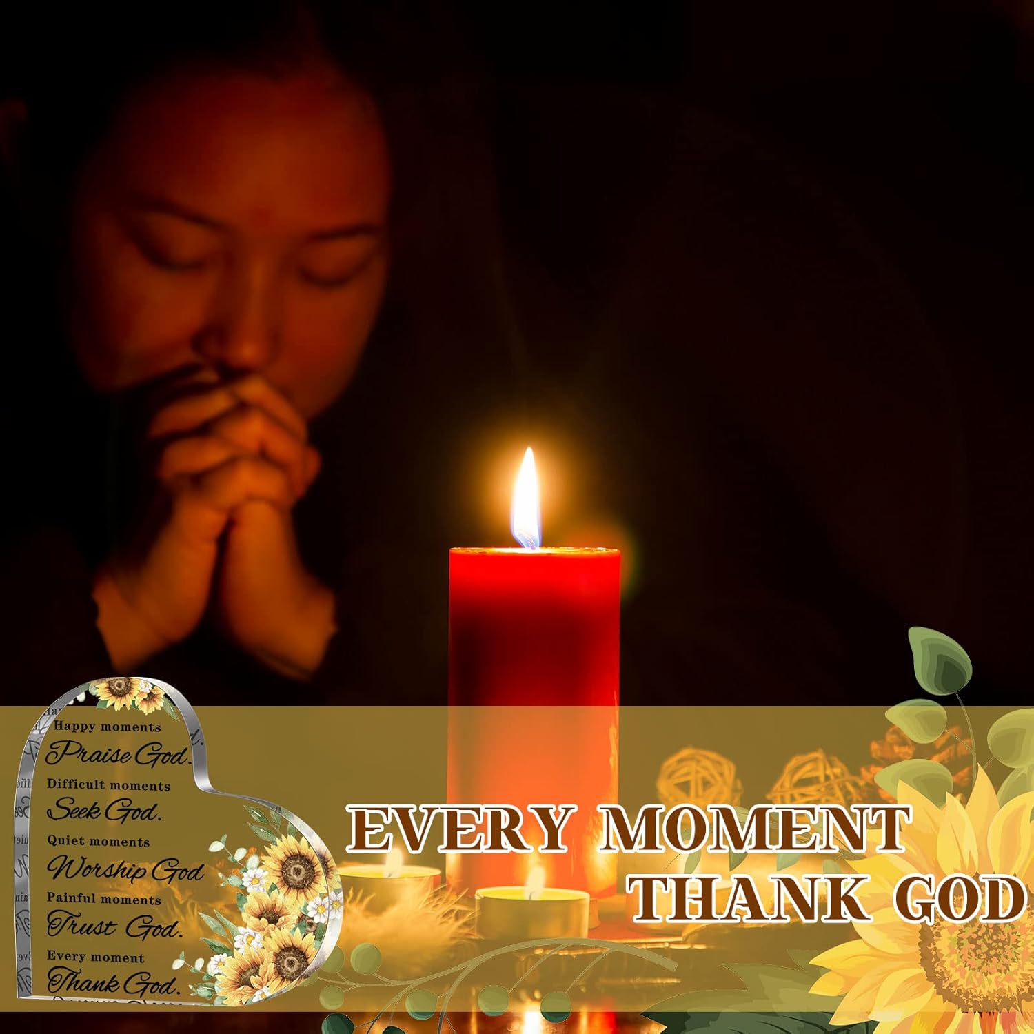 Christmas Bible Verses Decor Christian Gift for Woman Inspirational Quotes Prayer Room Happy Moment Praise God Acrylic Hearts Home Office Table Shelf (Sunflower), As Pictures Shown - Image 6