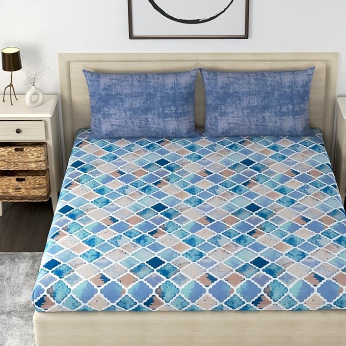 HUESLAND by Ahmedabad Cotton 186 TC Fitted Single Bedsheet Cotton with 1 Pillow Cover | 3ft x 6.5ft | Teal, Beige & Blue