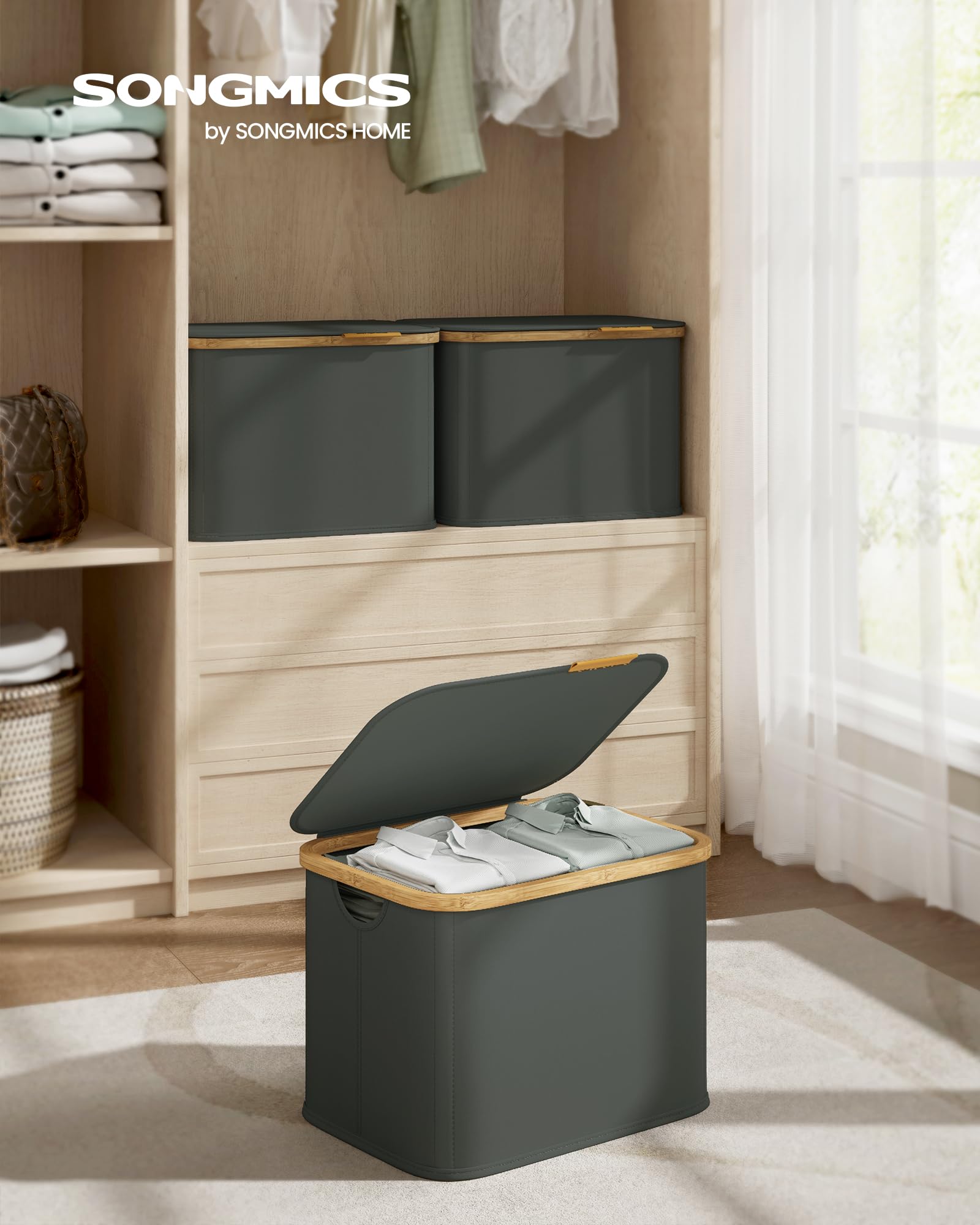SONGMICS Cesto de Ropa con Tapa, Recogedor de Colada, Ahorra Espacio, Tejido de Oxford, Plegable, Marco de Bambú, Lavadero, Dormitorio y Salón, 40 L, 42 x 32 x 30 cm, Gris Pizarra LCB516GN01