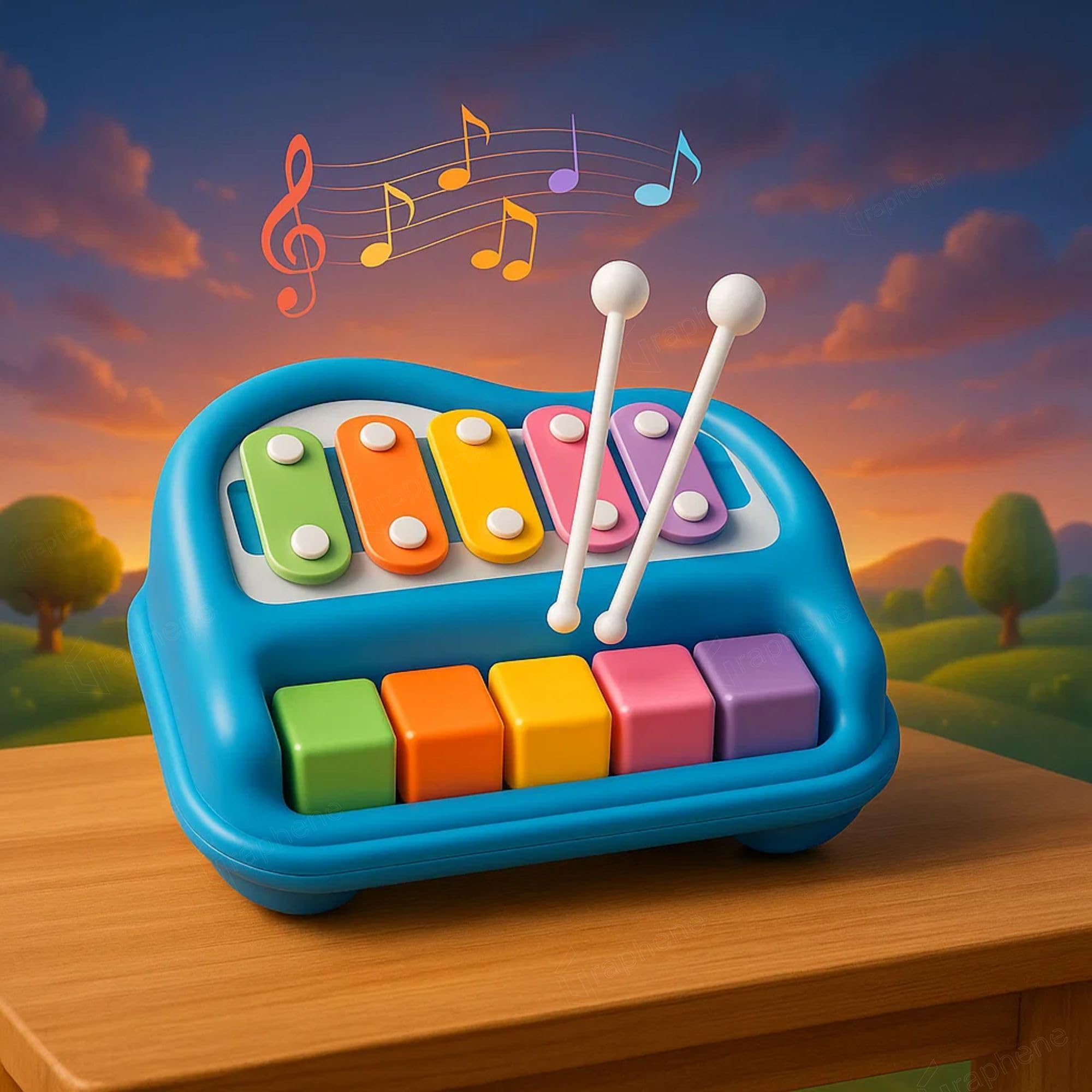 GRAPHENE 2 in 1 Xylophone Musical Toy Mini Piano with 5 Colourful Keys Drum Sticks Keyboard Non Battery Preschool Learning Instruments Gift Toys for Baby Kids Toddlers Multicolor-image-34