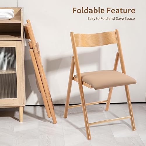Miniatura 7 de HOMEFUN Paquete de 2 sillas plegables de madera, sillas plegables acolchadas con cojín de piel sintética resistente al desgaste, silla de comedor