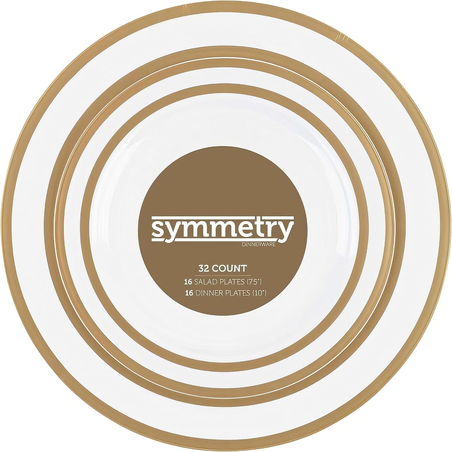 Blue Sky Symmetry Dinnerware Combo - 32 Count | Luxurious White with Double Gold Border Round Plastic Plate Set with 16 Salad Plates 7.5" & 16 Dinner Plates 10"
