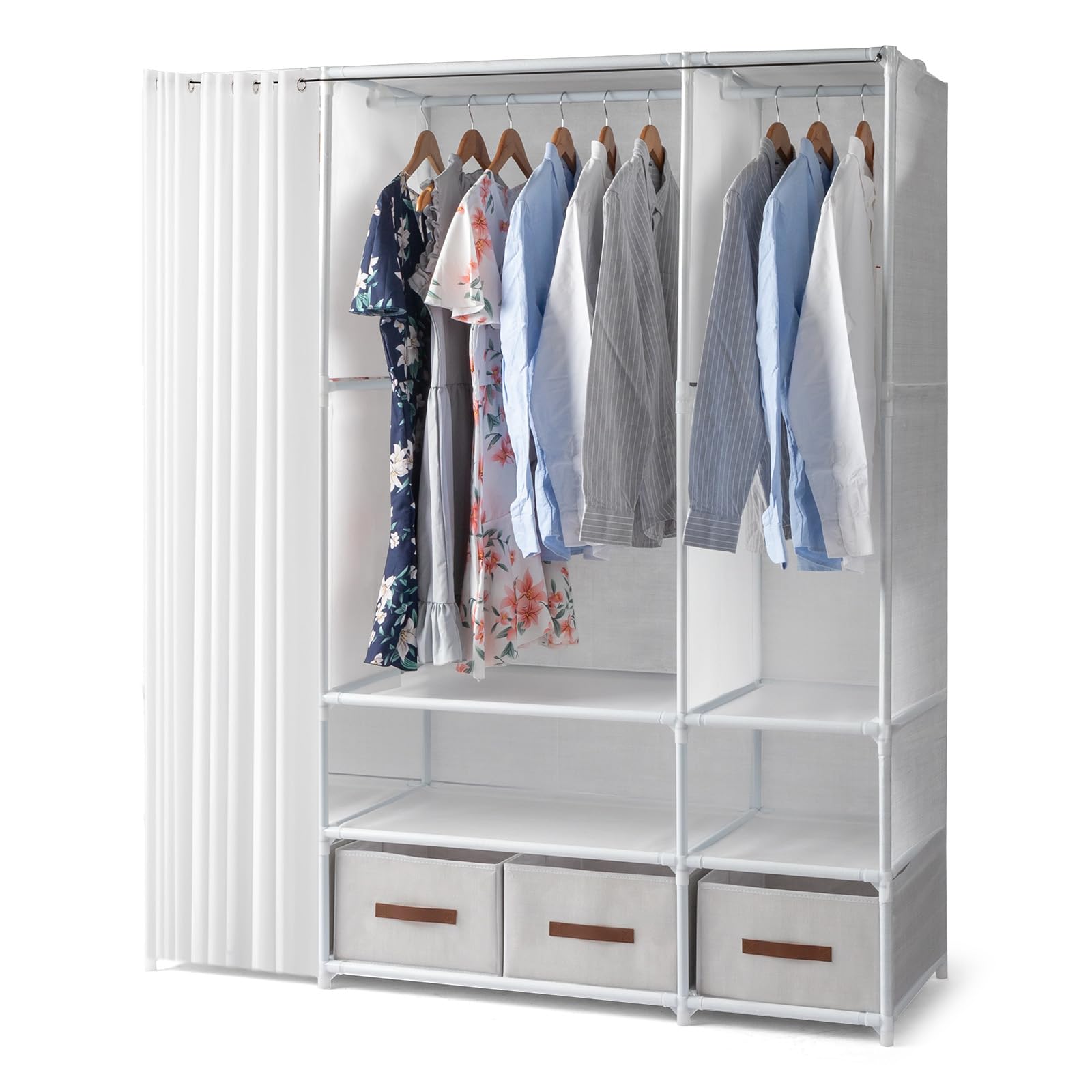 Kleiderschrank, Kleiderständer Weiß, 144x45x166cm | offen freistehende Garderobe mit Kleiderstangen, Stoffablagen, Metallrahmen