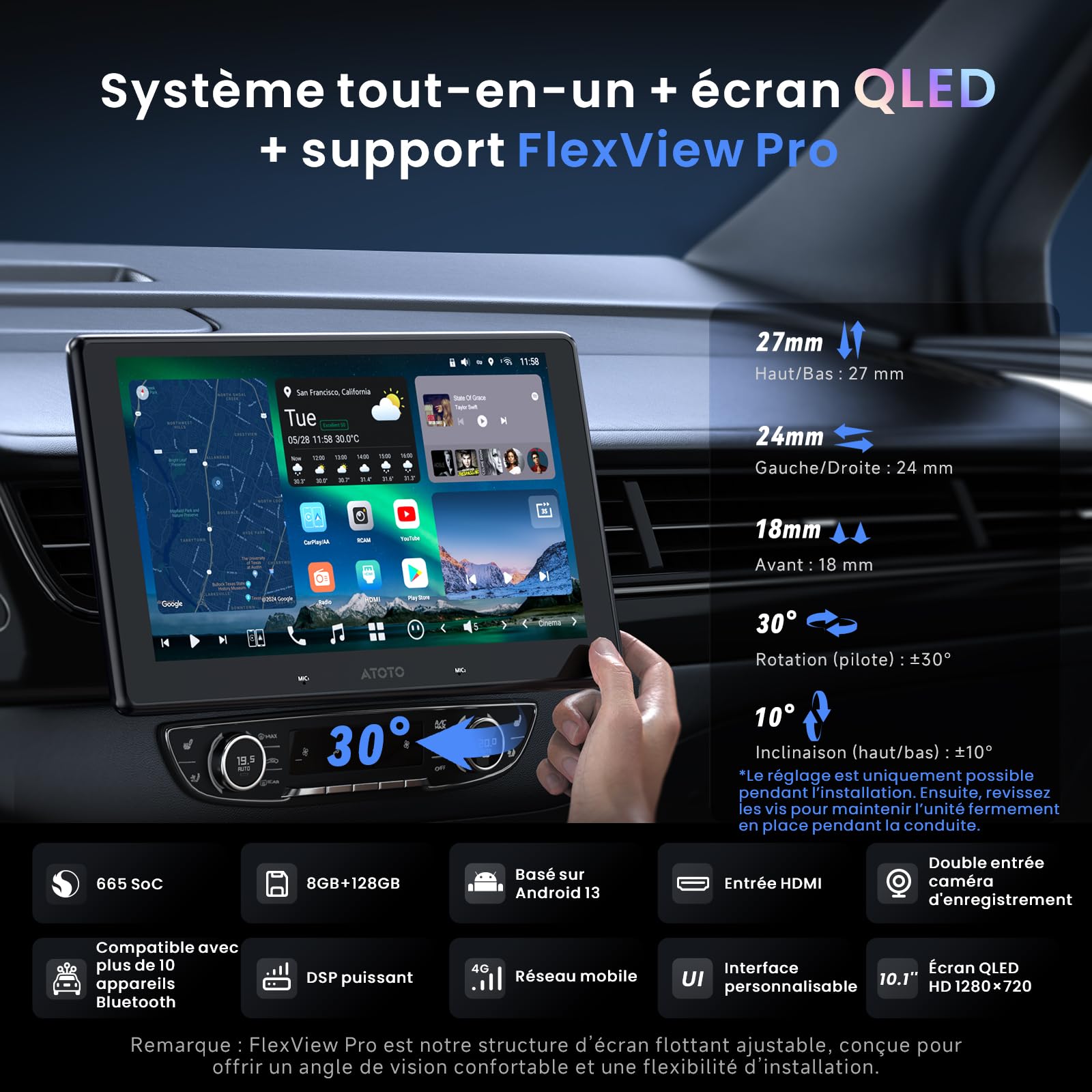 ATOTOZONE X10 Autoradio Android 10" QLED, Écran Flottant 1 DIN & 2 DIN, Agent IA & Vision IA, LiveView à Distance, Alerte Golden Hour, 4G LTE, 8G+128G, Audio 7.1.2 CH, CarPlay & Android Auto sans Fil