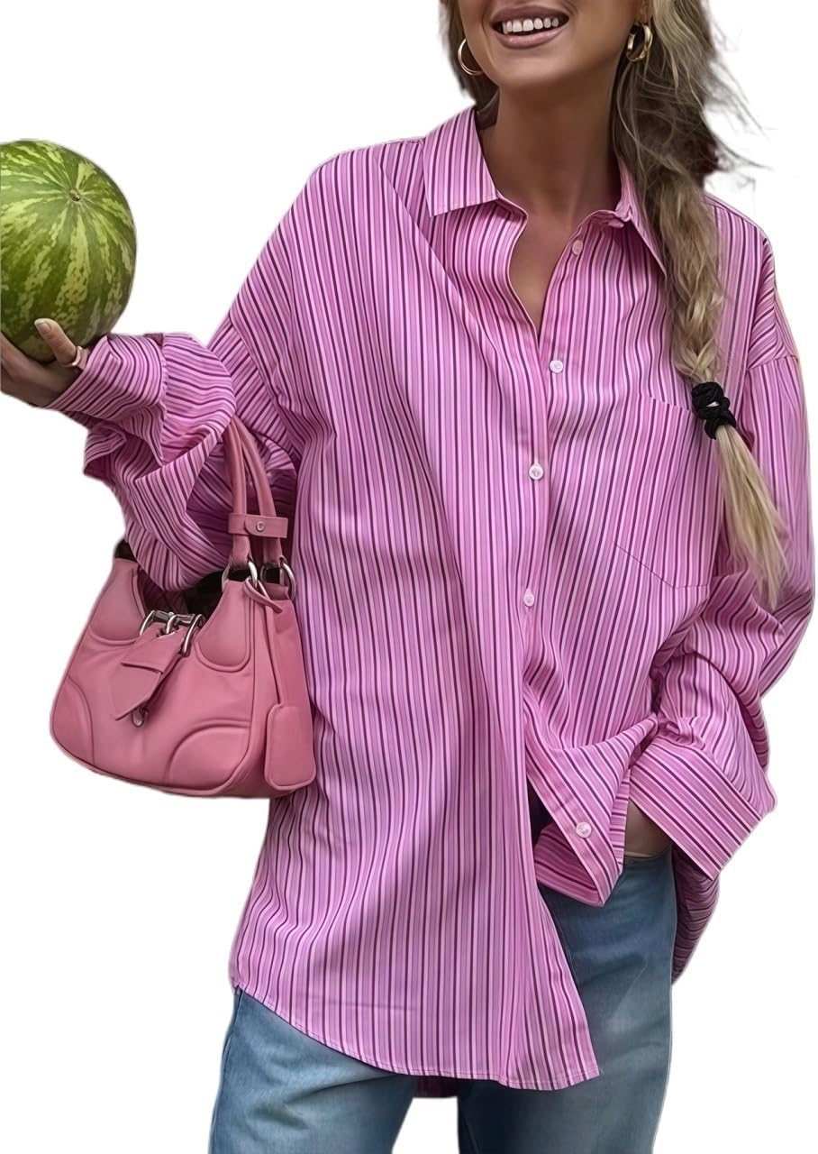 Women's Classic-Fit Shirt Button Front Striped Long Sleeve Blouse