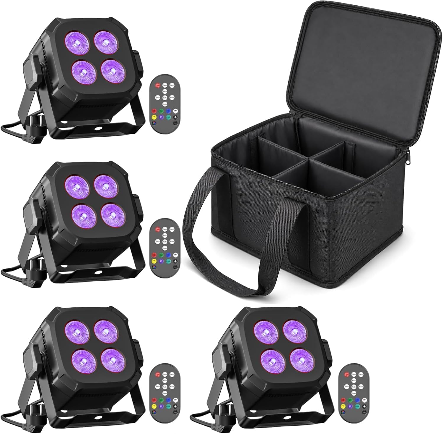 Juego de 4 luces LED RGBW par mini para escenarios, ligeras, con bolsa + mando a distancia, 4/8 canales, DMX Par de faros controlados por sonido, luces de discoteca para casa, fiesta