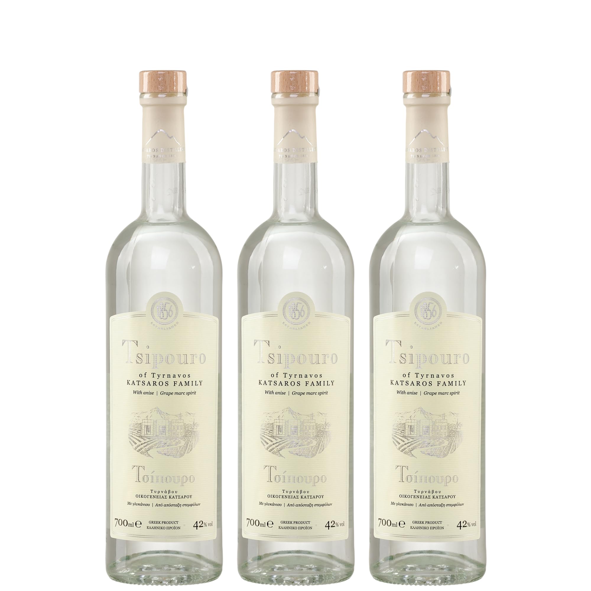 Tsipouro Tirnavos mit Anis 3x 0,7l 42% Vol. | Griechischer Tresterbrand | 100% Destillat | Katsaros Distillery seit 1856 | + 20ml Jassas Olivenöl