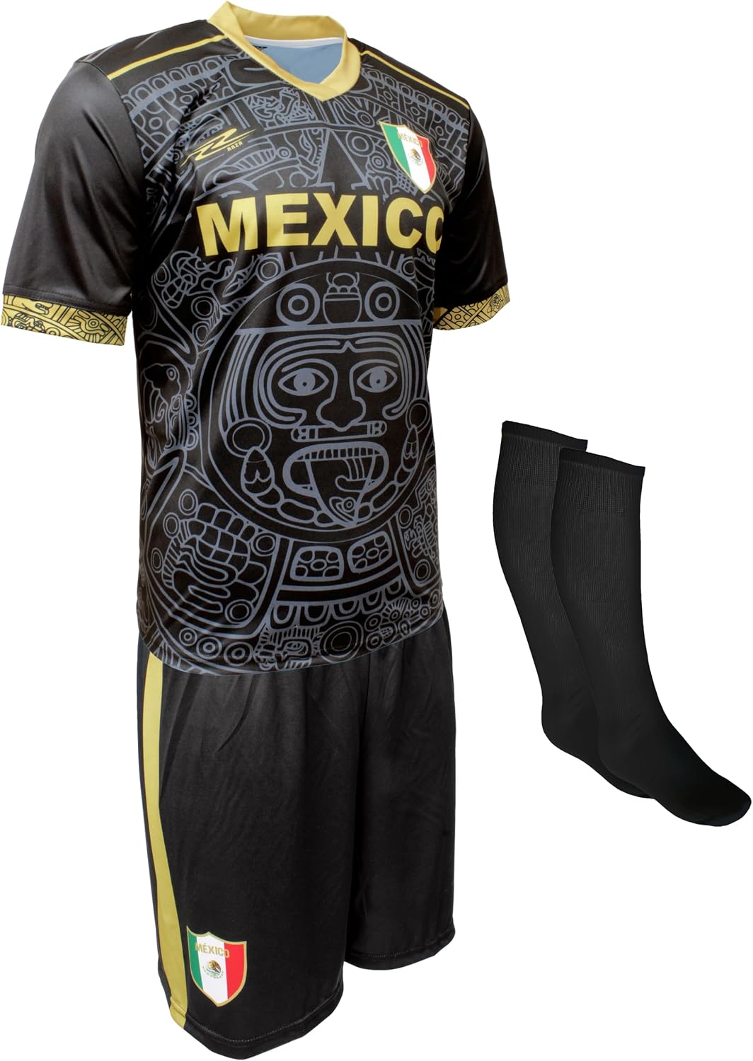 Men's Mexico Fan Soccer Uniform Aztec Calendar Black/Gold S/Sleeve Set
