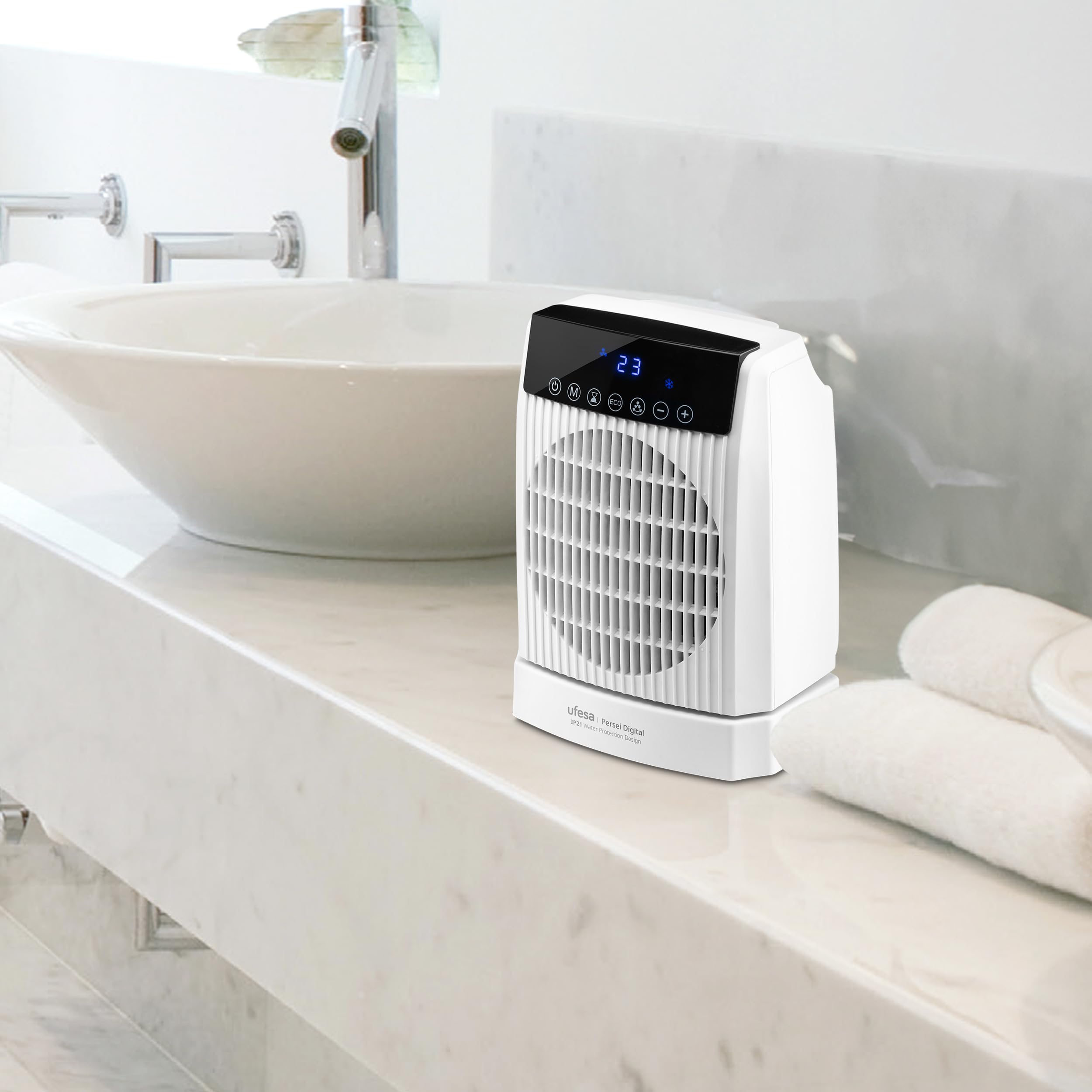 Ufesa Persei Calefactor Digital 2000W con Protección IP21, 3 Niveles de Potencia Calor/Frío, Base Oscilante, Pantalla LED, Termostato Regulable, Temporizador 24h y Protección de Sobrecalentamiento