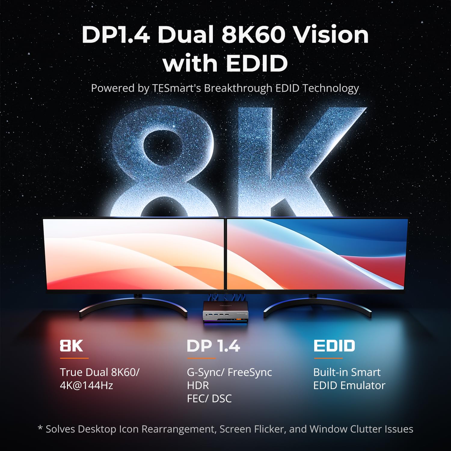 TESmart 8K@60Hz DisplayPort KVM Switch 2 PC 2 Monitor USB 3.0 DP 1.4 KVM Switch Dual Monitor 4K@144Hz per Gaming Dock, Supporta EDID, Gigabit Network, Hotkey, Audio Microfono, con Cavi PC