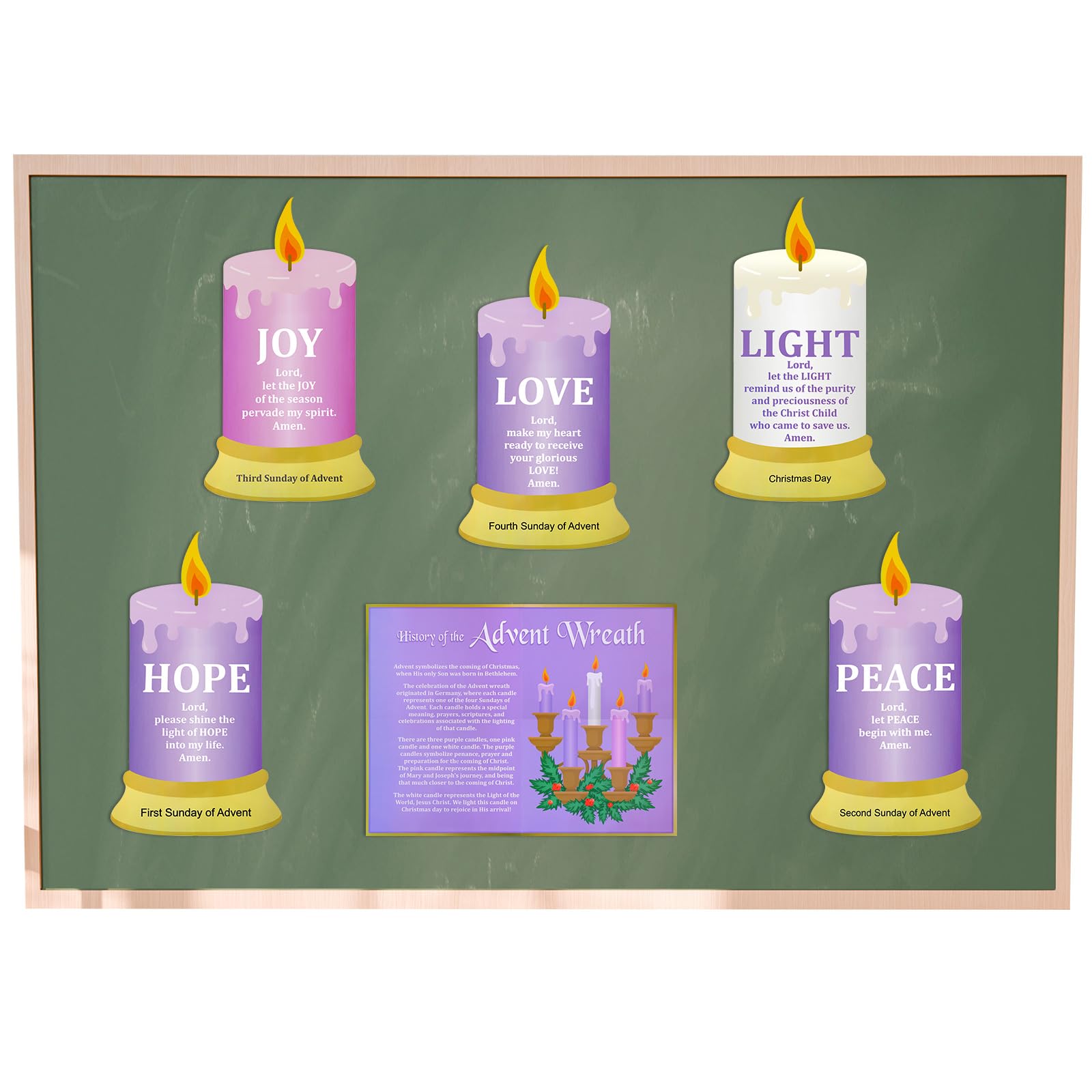 Fullhawl 6 Pcs Christmas Bulletin Board Decorations 21.1 x 16.22 inch Religious Advent Candle Wreath Poster History of The Advent Wreath Hope Peace Joy Love Light Poster for Classroom Wall Decor