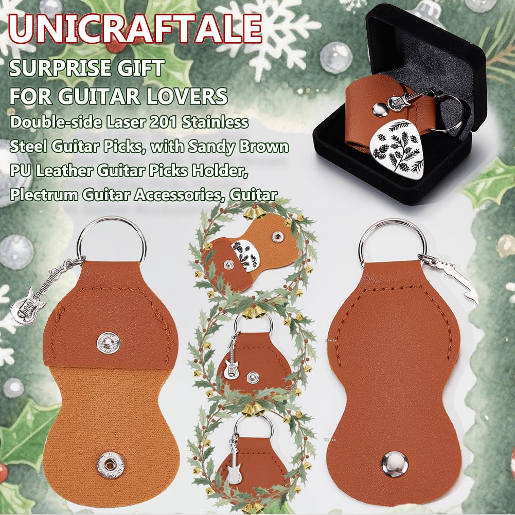UNICRAFTALE 2Pcs 2 Styles Merry Christmas Tree Guitar Picks Stainless Steel Guitar Pick Keychain with Brown PU Leather Case Inspirational Plectrum Guitars Christmas for Musician Lover Gifts - Image 4