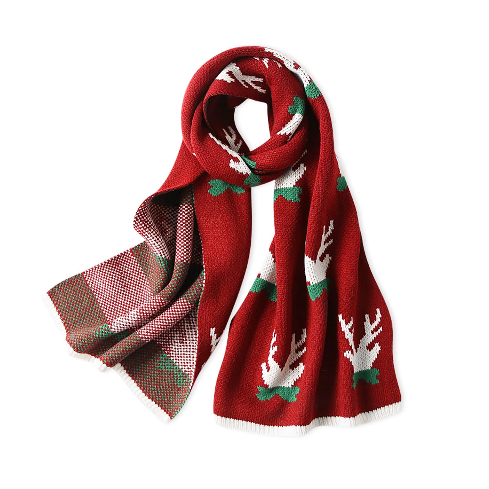 Lumisyne Women's Christmas Antlers Burgundy Knitted Scarf For Winter Reversible Scarf Christmas Themed Reindeer Antler Snowflake Pattern Long Pashmina Scarves Shawl Wrap Thickened