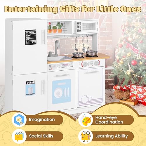 Miniatura 5 de HONEY JOY Juego de cocina para niños, juego de cocina de madera con pizarra, armario de almacenamiento grande, estufa, grifo, fregadero, cocina de