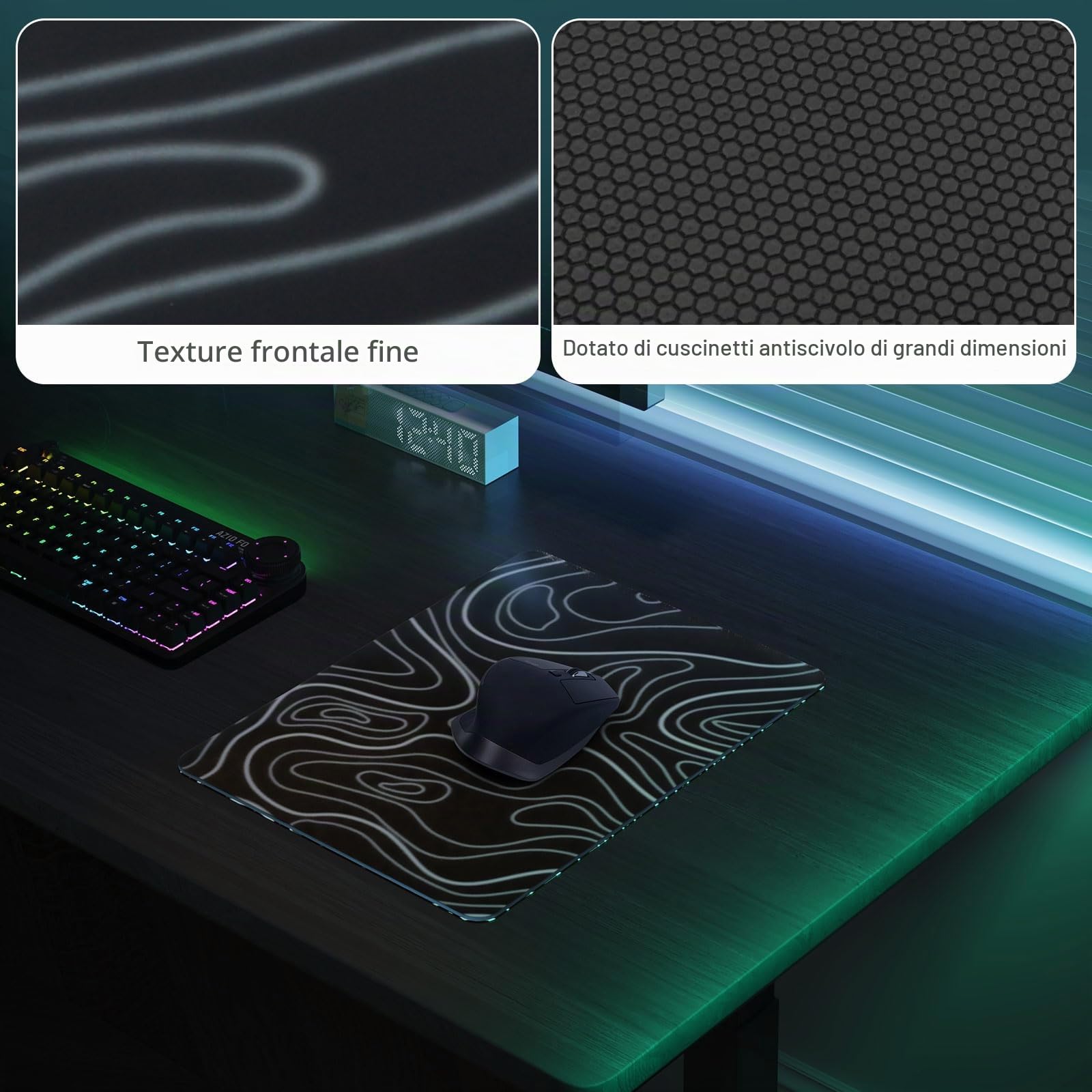DAWNTREES Tappetino per mouse da gioco in vetro, tracciamento preciso e veloce, in vetro temperato, base in gomma antiscivolo, tappetino XL per gamer, ufficio e casa, topografico nero