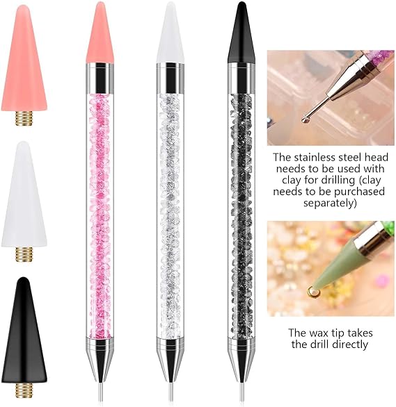 3PCS Bedazzling Rhinestone Kit Picker, Double-Ended Wax Pen for Nail Art, Self-Adhesive Tips for Gemstones & Crystals, Includes 3 Extra Wax Tips (White, Black, Pink) and 1 Clip