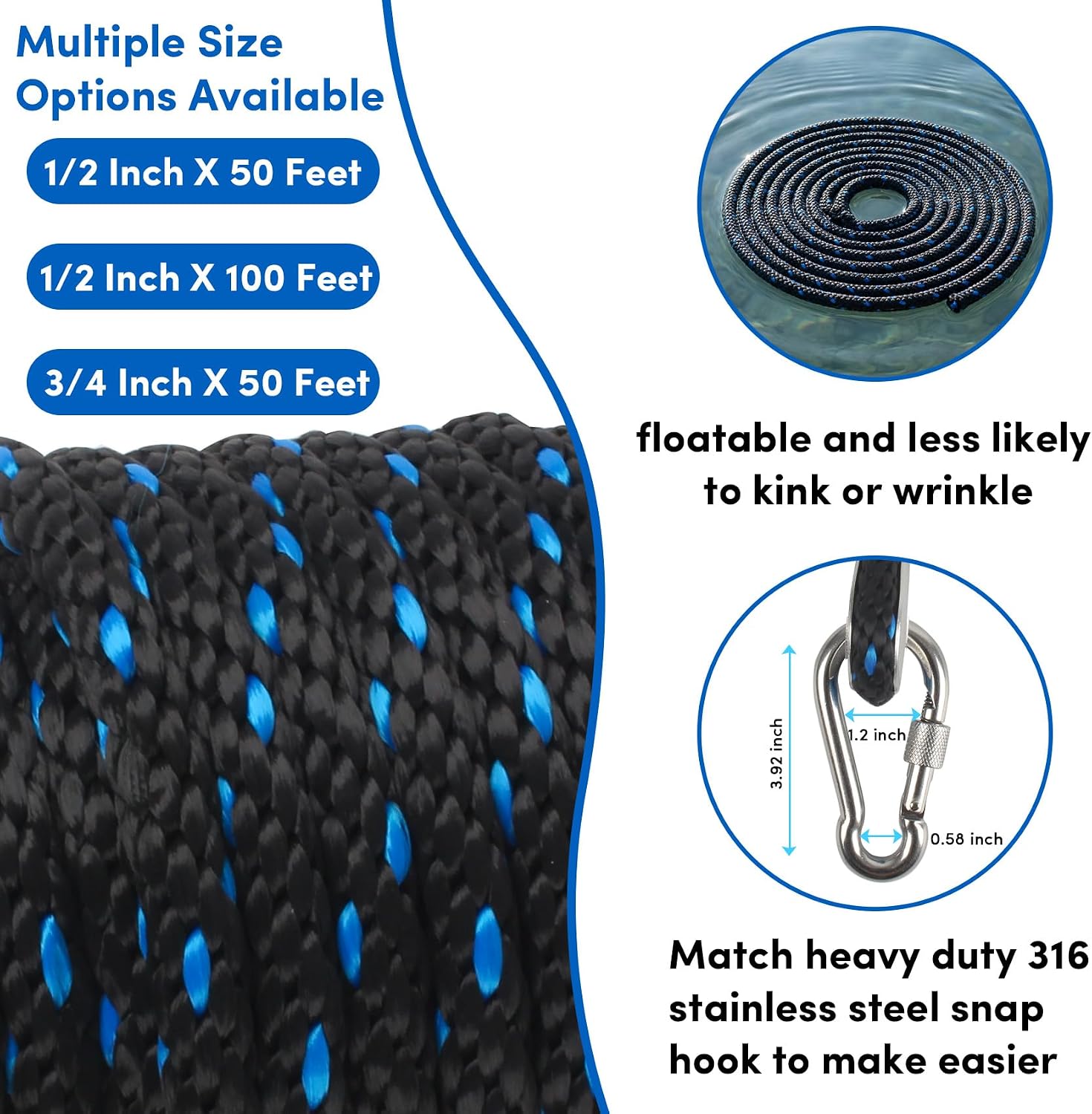 Anchor Rope 3/4 Inch 50 FT, Boat Anchor Rope Solid Braid MFP, Anchor Line with 316 Stainless Steel Thimble & Snap Hook for Towing Mooring Docking Anchoring Boats Up to 45' - Black & Lake Blue