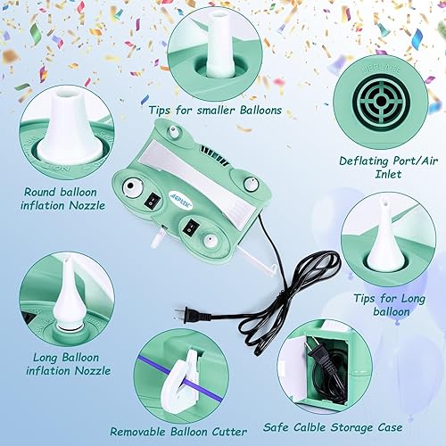 Miniatura 5 de AGPTEK Electric Air Balloon Pump, 110V 600W Rose Red Portable Dual Nozzle Inflator/Blower for Party Decoration C-Verde-3 en 1