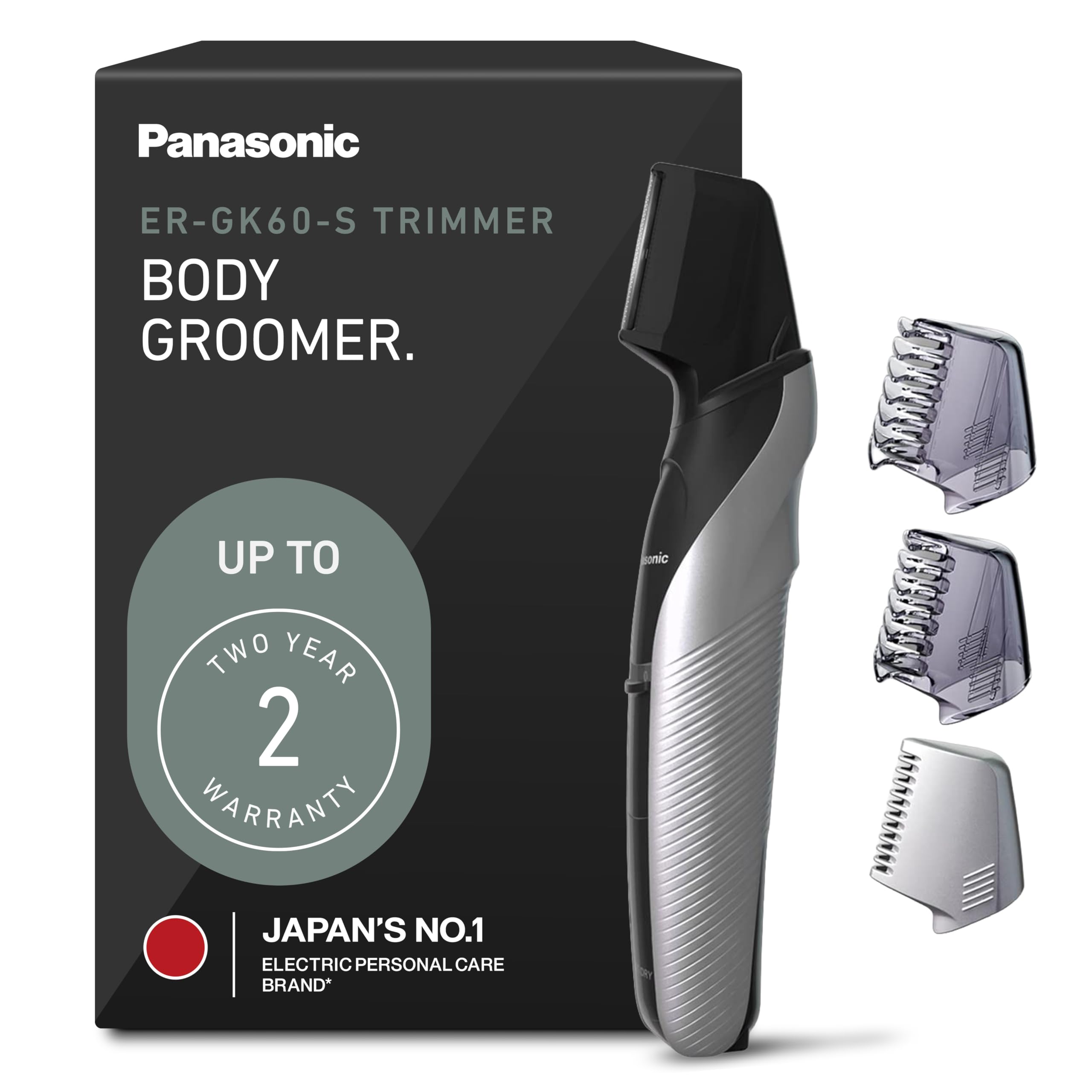 Body Hair Trimmer for Men, Cordless Waterproof Design, V-Shaped Trimmer Head with 3 Comb Attachments for Gentle, Full Body Grooming, ER-GK60-S (Silver)