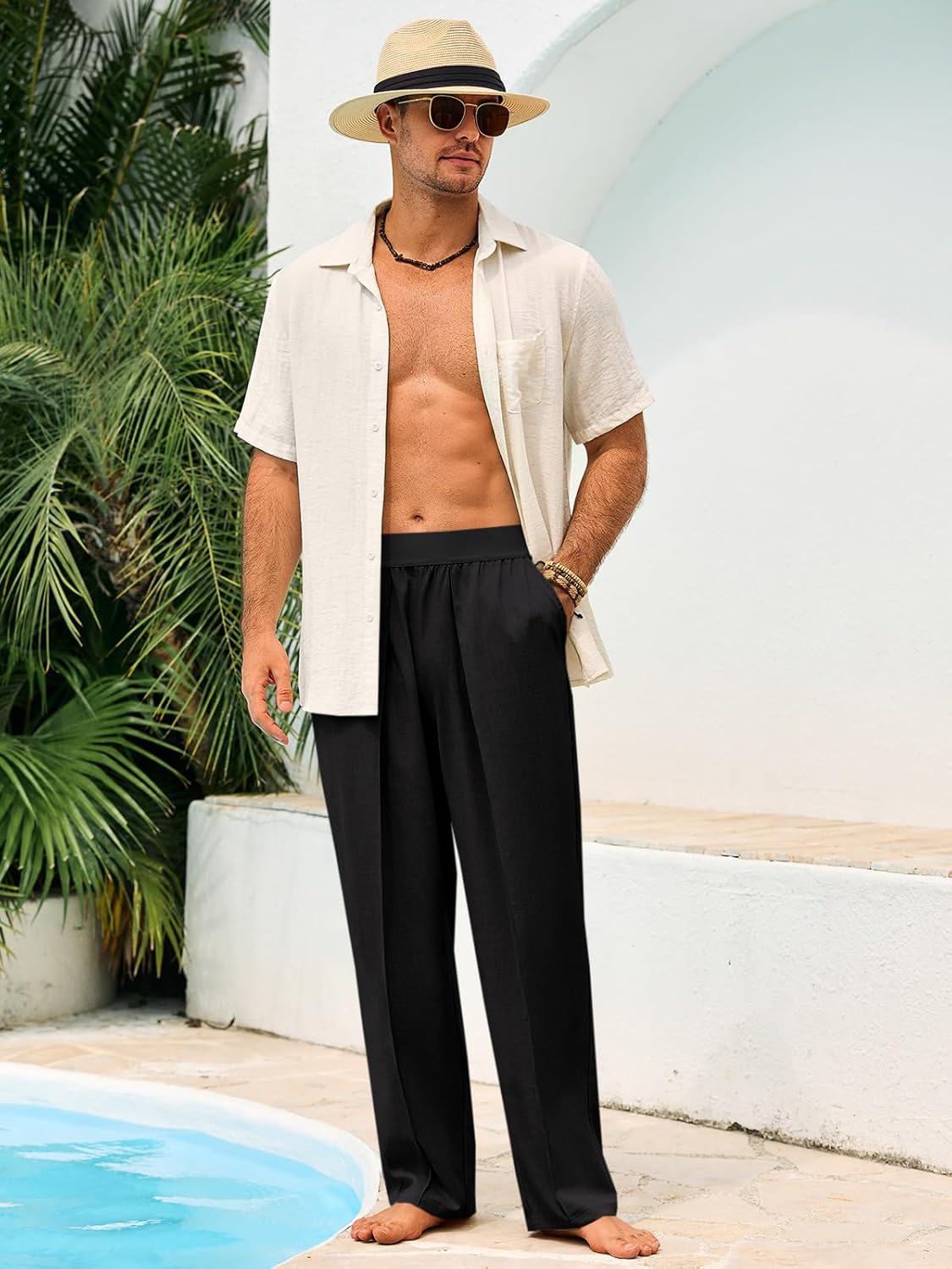 Runcati Mens Casual Linen Pants Elastic Waist Straight Leg Pants Lightweight Loose Fit Summer Beach Yoga Trousers - Image 5