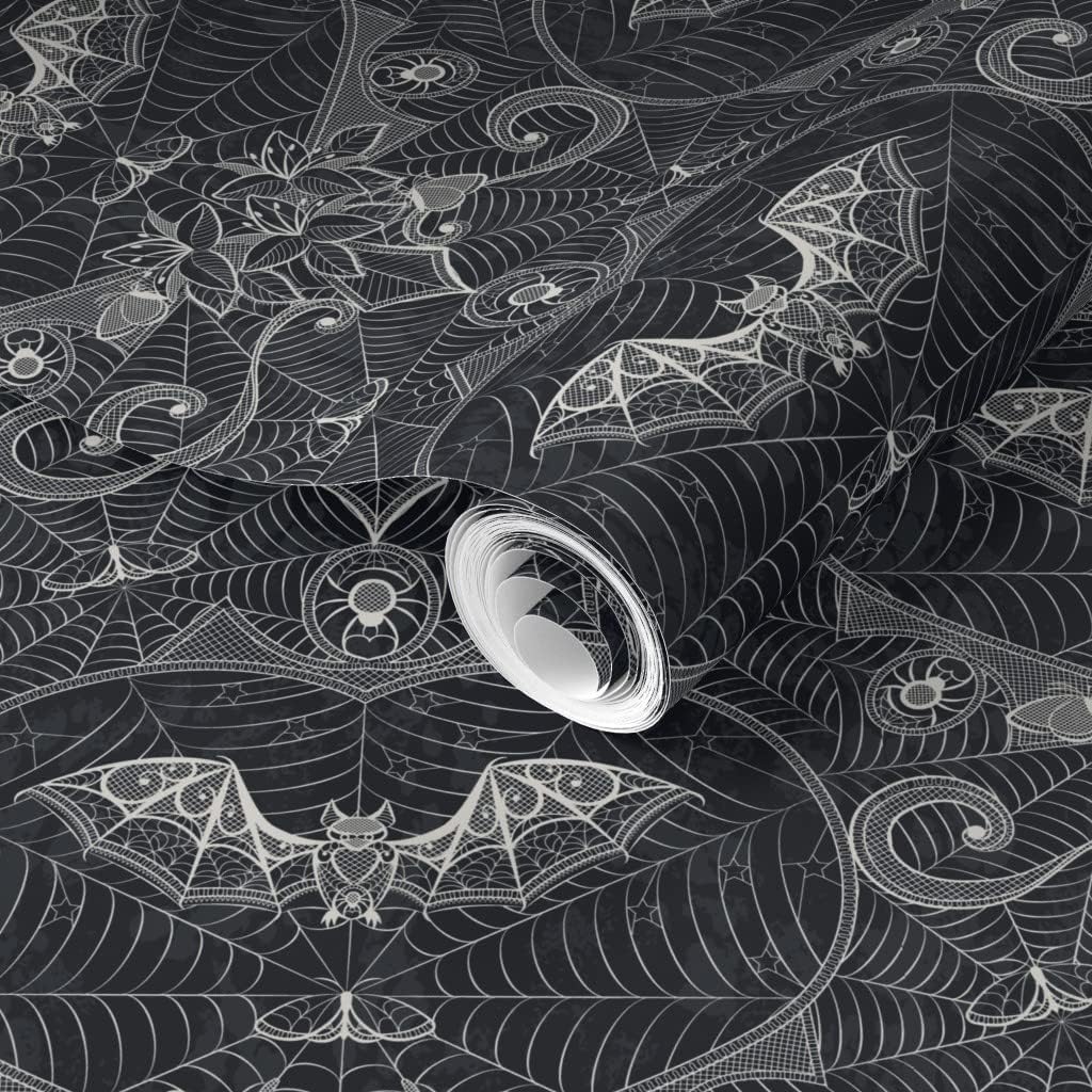 Spoonflower Removable Wallpaper 6ft x 2ft - Gothic Damask Lace Bats Black Goth Halloween Custom Pre-Pasted Wallpaper