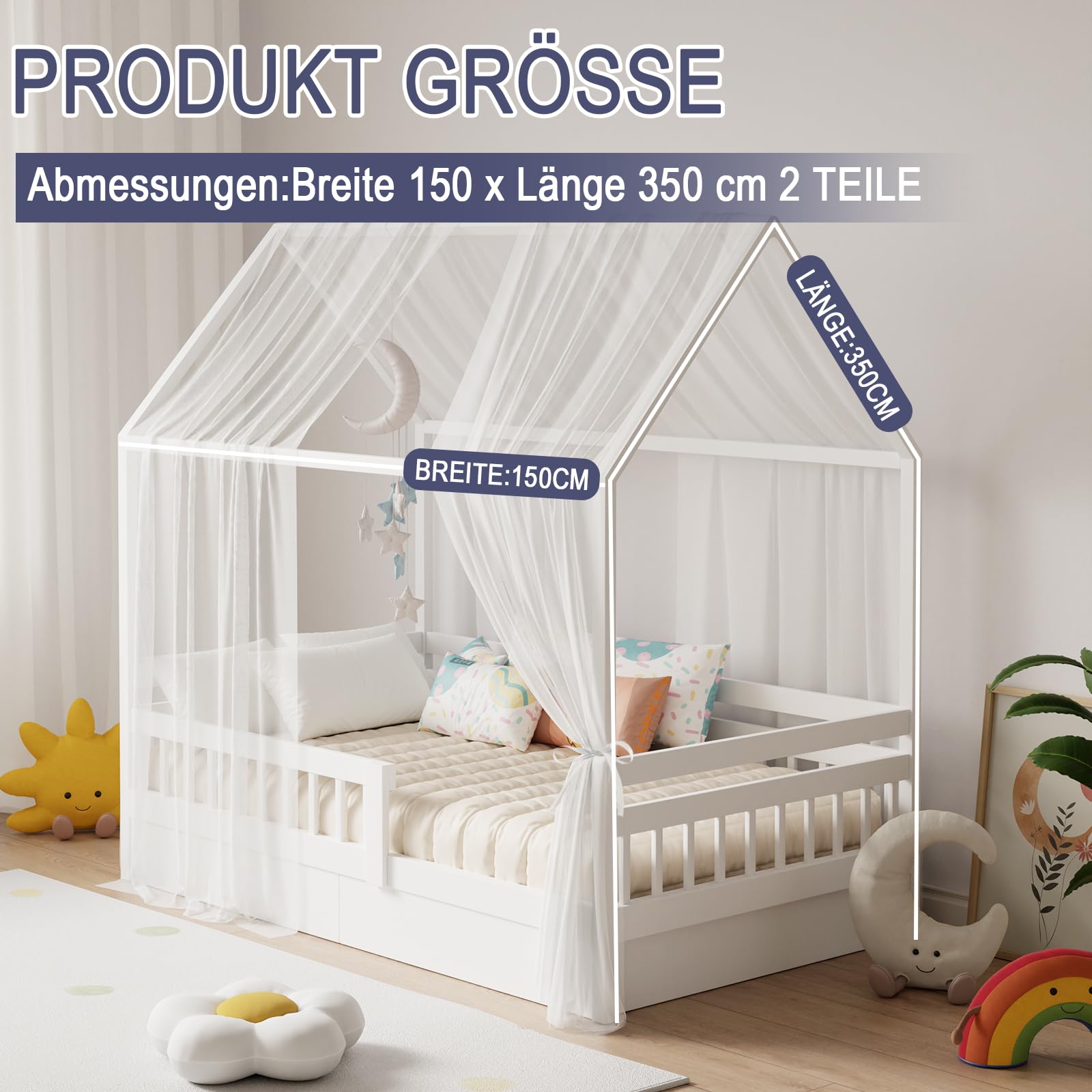 Hausbett Himmel Set, 2 Stück Betthimmel Hausbett für Hausbett Deko, Bett Vorhang für Mädchen Jungen Kinderbett Kinderzimmer Deko,150 x 350 cm Weiß