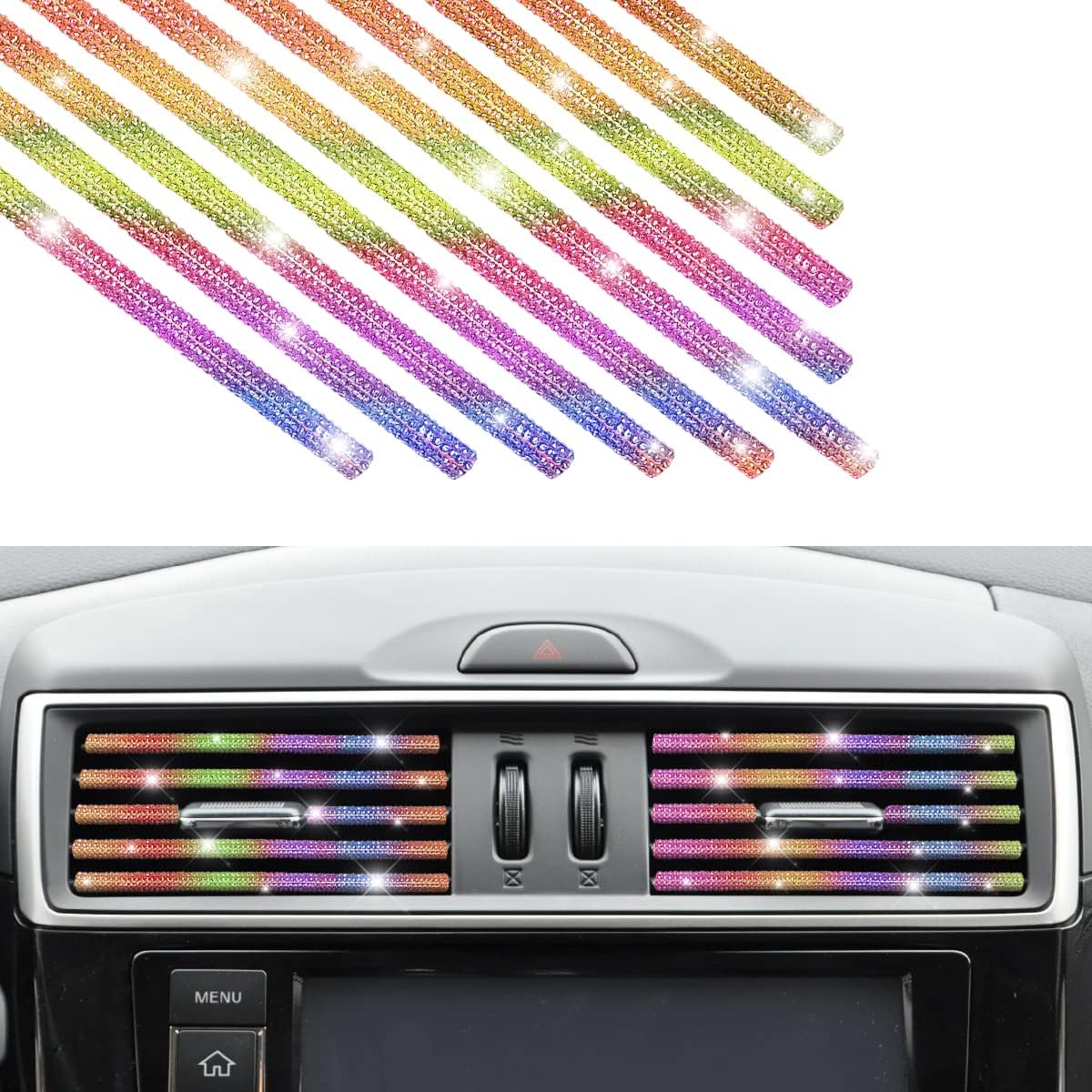 Bling Car Vent Outlet Trim, 10PCS Handcrafted Rhinestones Diamond Decoration Strips for All Straight Air Conditioner Outlet, Bling Car Interior Accessories for Women Girl (Colorful)