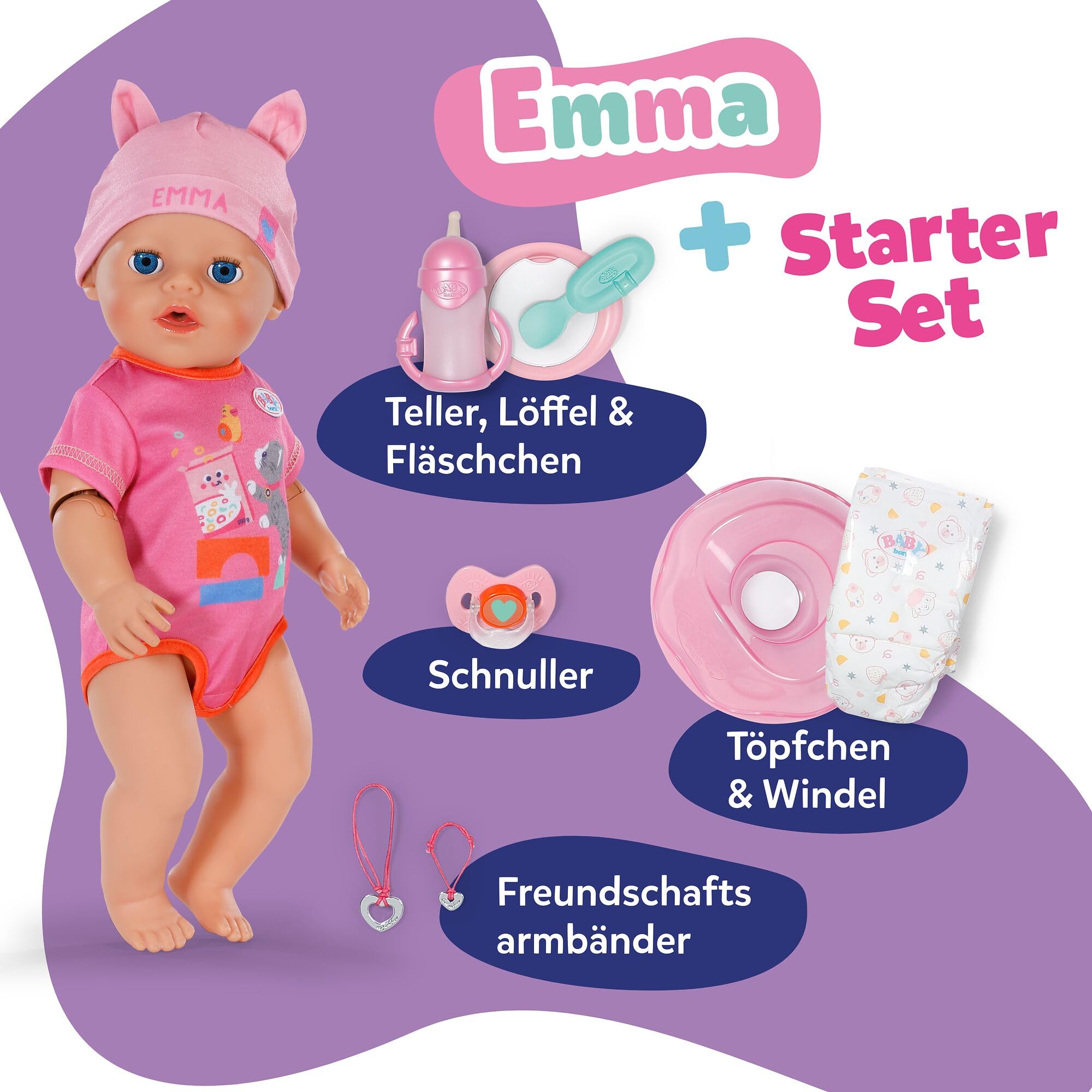 BABY Born Emma 43 cm Babypuppe mit Click & Play, 10 Funktionen | 8 Accessoires inklusive, funktioniert ohne Batterien, bewegliche Arme, ab 3 Jahren