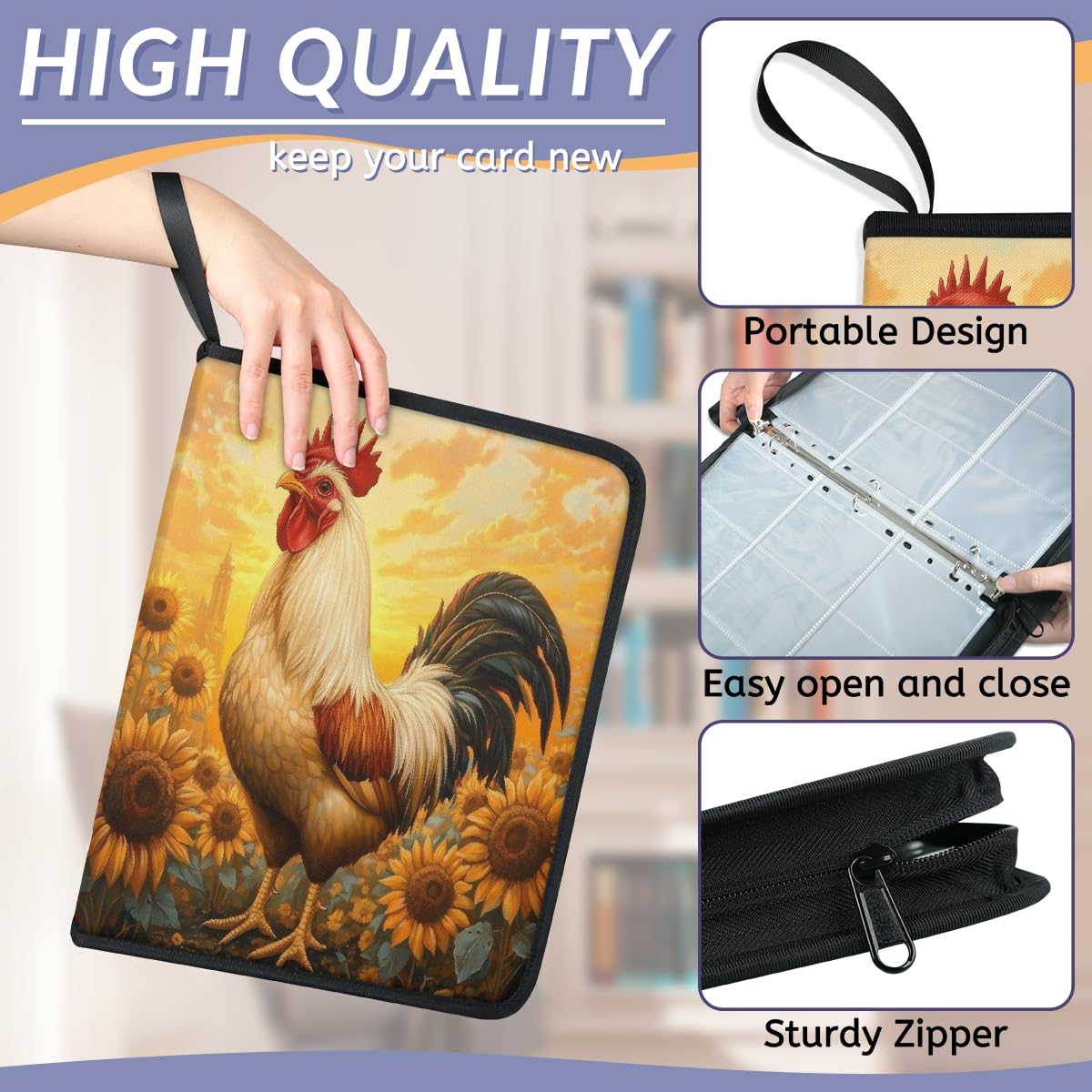 Carpeta para tarjetas de intercambio con 9 bolsillos, diseño de gallo y girasol, álbum de tarjetas con fundas extraíbles, impermeable, con cremallera, capacidad para 50 páginas y 900 tarjetas