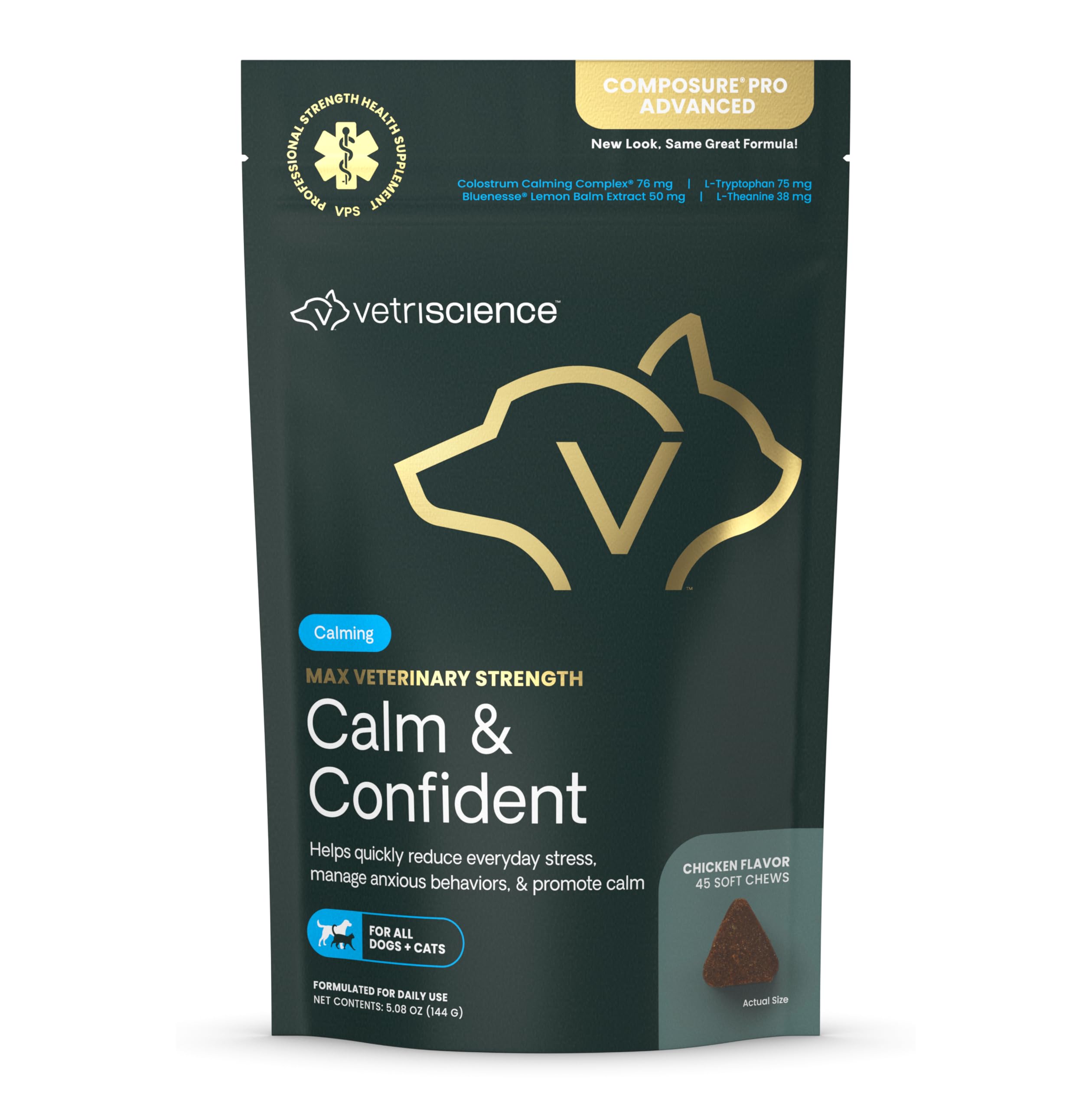VETRISCIENCE Max Veterinary Strength Calm & Confident Chews - Stress Supplement for Pets - Supports Brain Function for Cats & Dogs - with Lemon Balm Extract, L-Theanine, Thiamine & More - 45 Count
