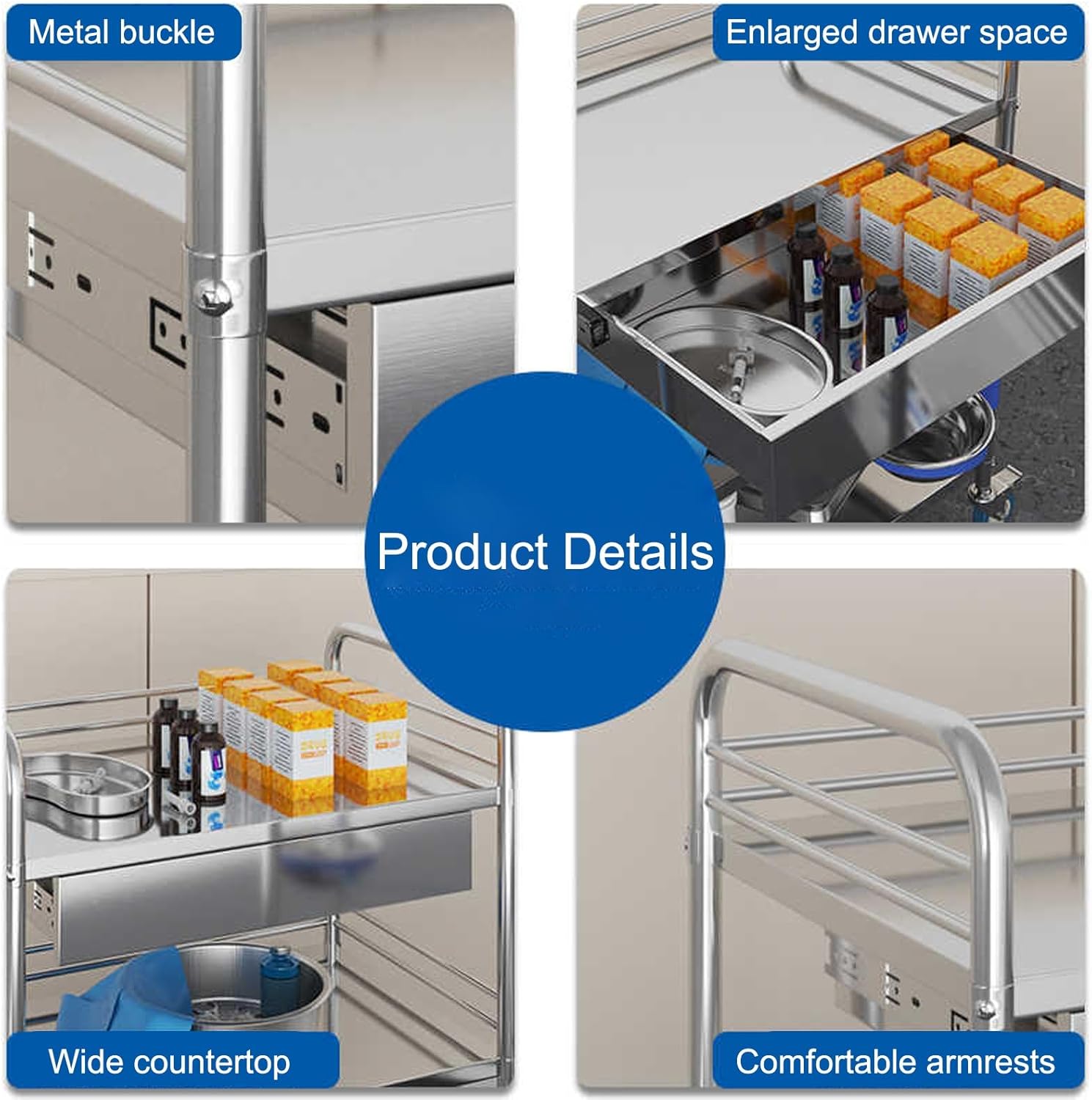 Medical Cart with A Drawer, Medical Trolley Cart, 3 Tier Stainless Steel Cart with Wheels, 360°Rotate Wheels Heavy Duty Medical Utility Cart, for Hospital Dental Clinic(One Color-27.2X18.1)