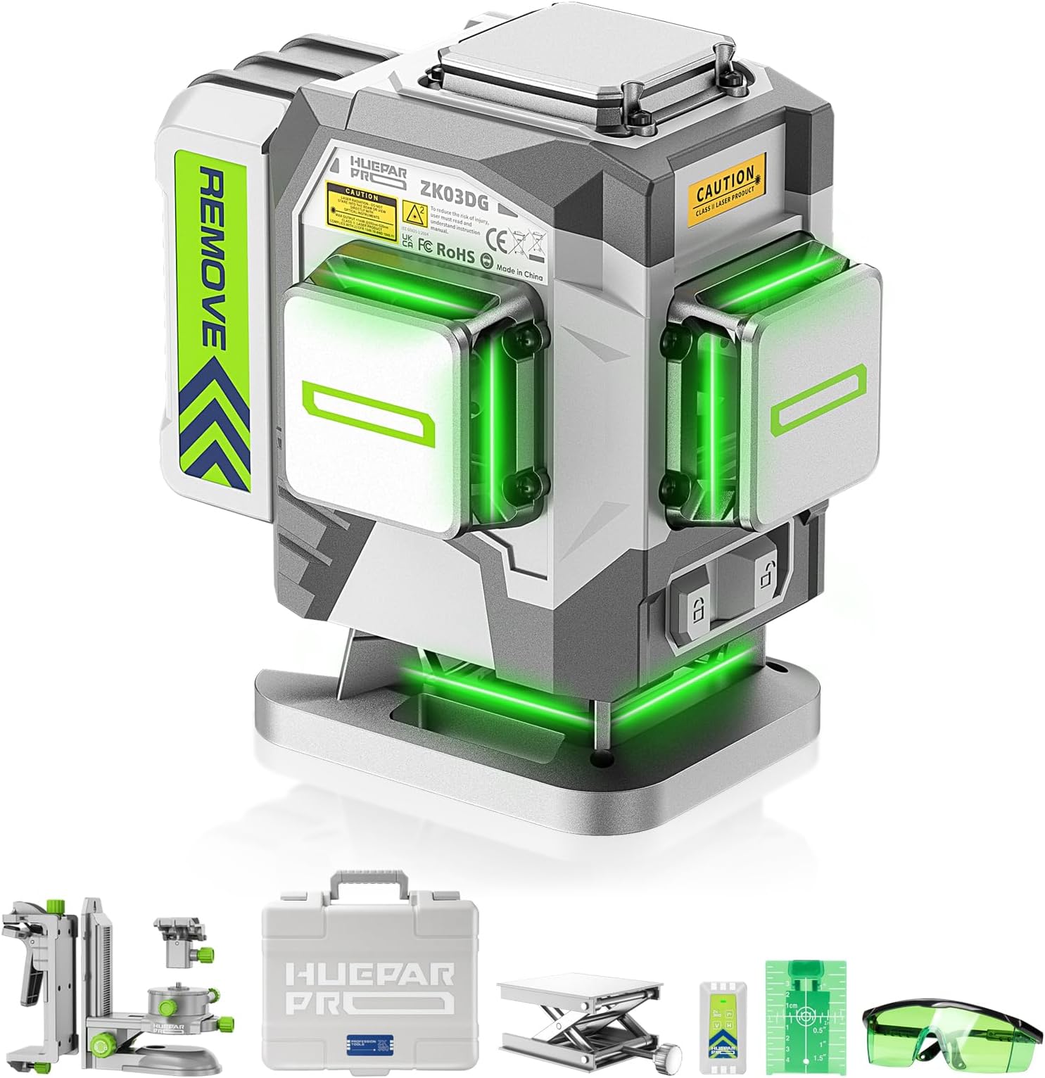 Huepar Pro Laser Level, 3 * 360 Self Levelling Laser Leveler, High Accuracy Professional Green Laser Level with 8000mAh Rechargeable Li-ion Battery, Multifunctional Stand and Hard Case