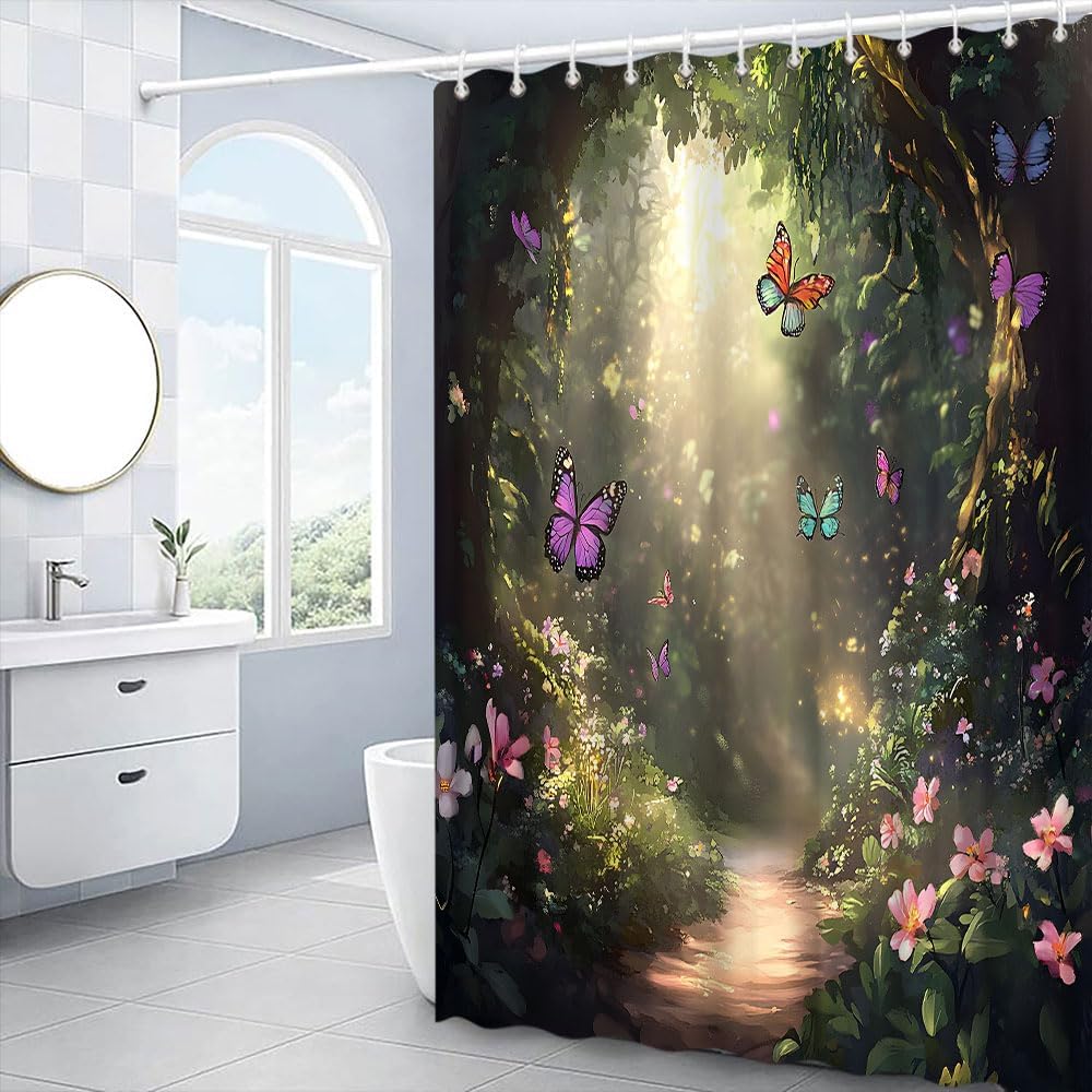 Enchanted Forest Butterfly Shower Curtain Magic Fairy Tale Wonderland Foggy Jungle Flower Nature Garden Bath Decor Polyester Fabric Curtains 90X70 Inch