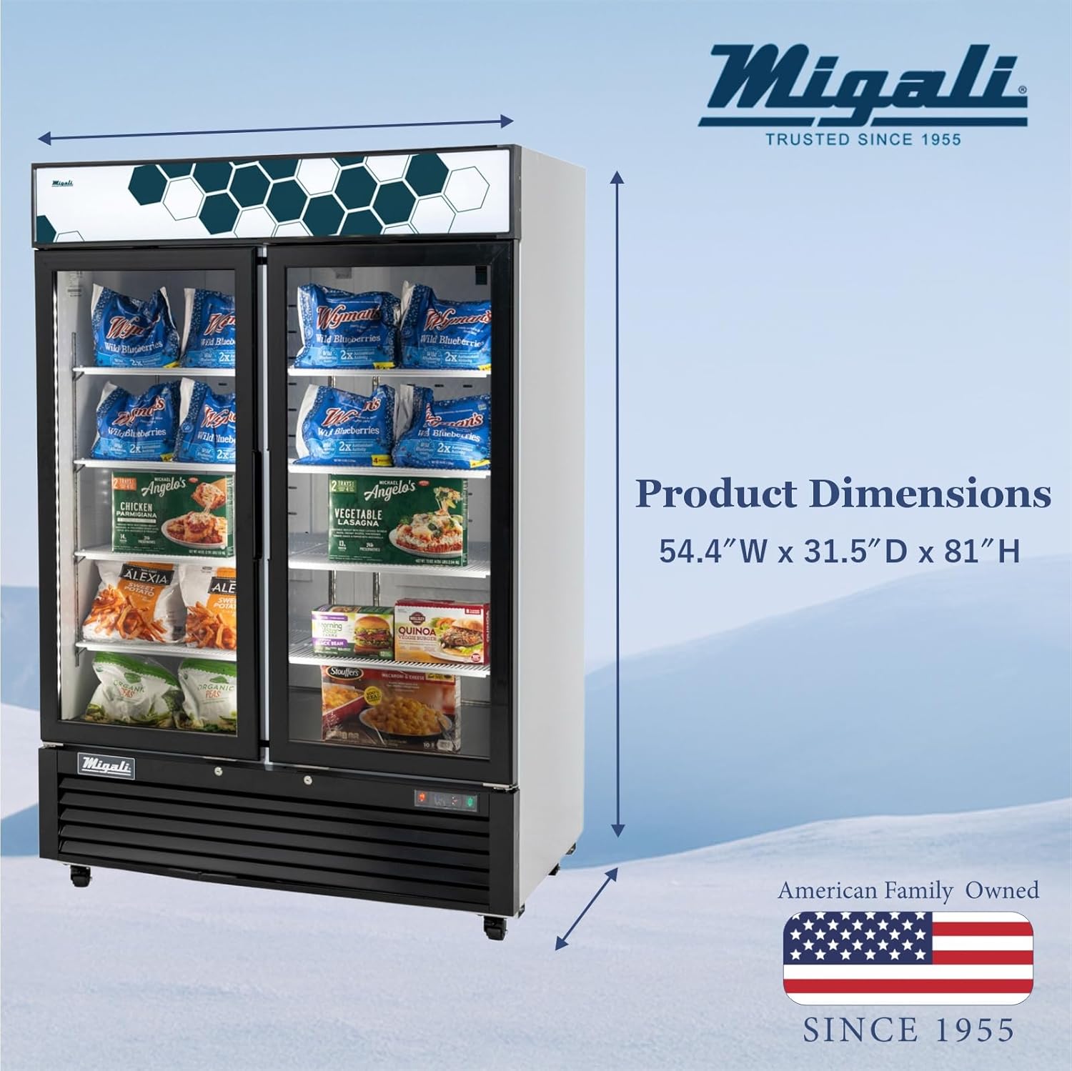 Migali C-49FM-HCe Two Glass Door Merchandiser Freezer, 49 cu/ft, Beverage Display Freezer, LED Lights, Strong Casters, Digital Temperature Display, Door Locks