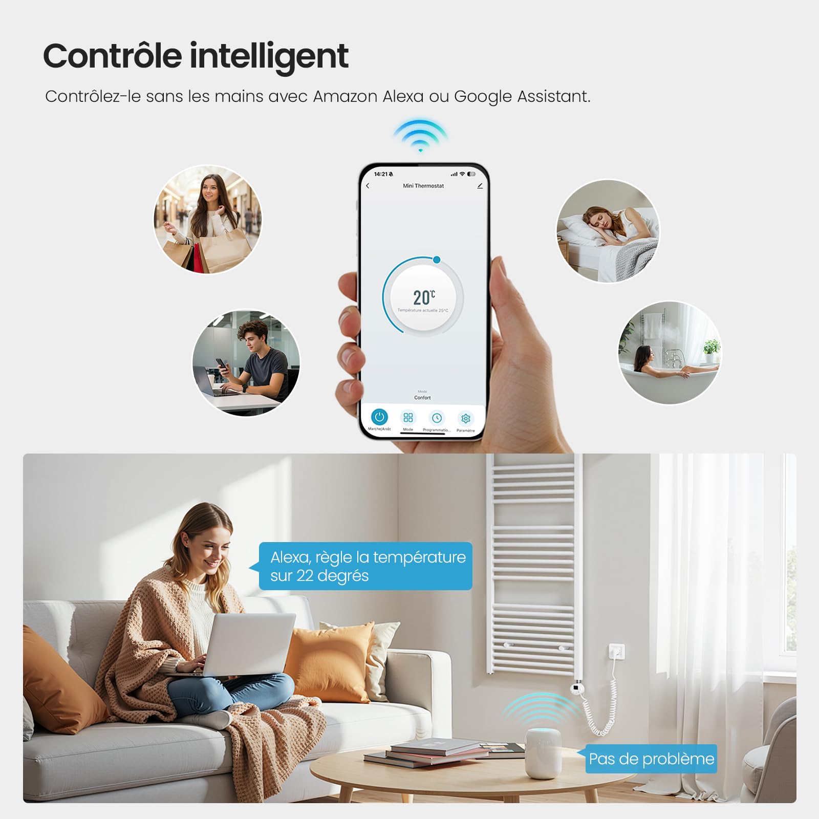Heilmetz Sèche-Serviettes Électrique Intelligent 70x60cm avec WiFi, Thermostat Connecté et App, Radiateur Salle de Bain Blanc 300W, Contrôle par Tuya/Assistants Vocaux, 4 Modes