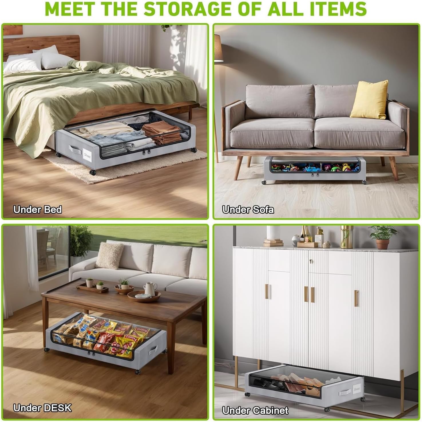 Under Bed Storage with Wheels, 2-Pack Storage Organizer Bins, Black & Gray, Containers with Clear Lids, 80x44x16cm Rolling Drawer, for Clothes, Shoes, Toys