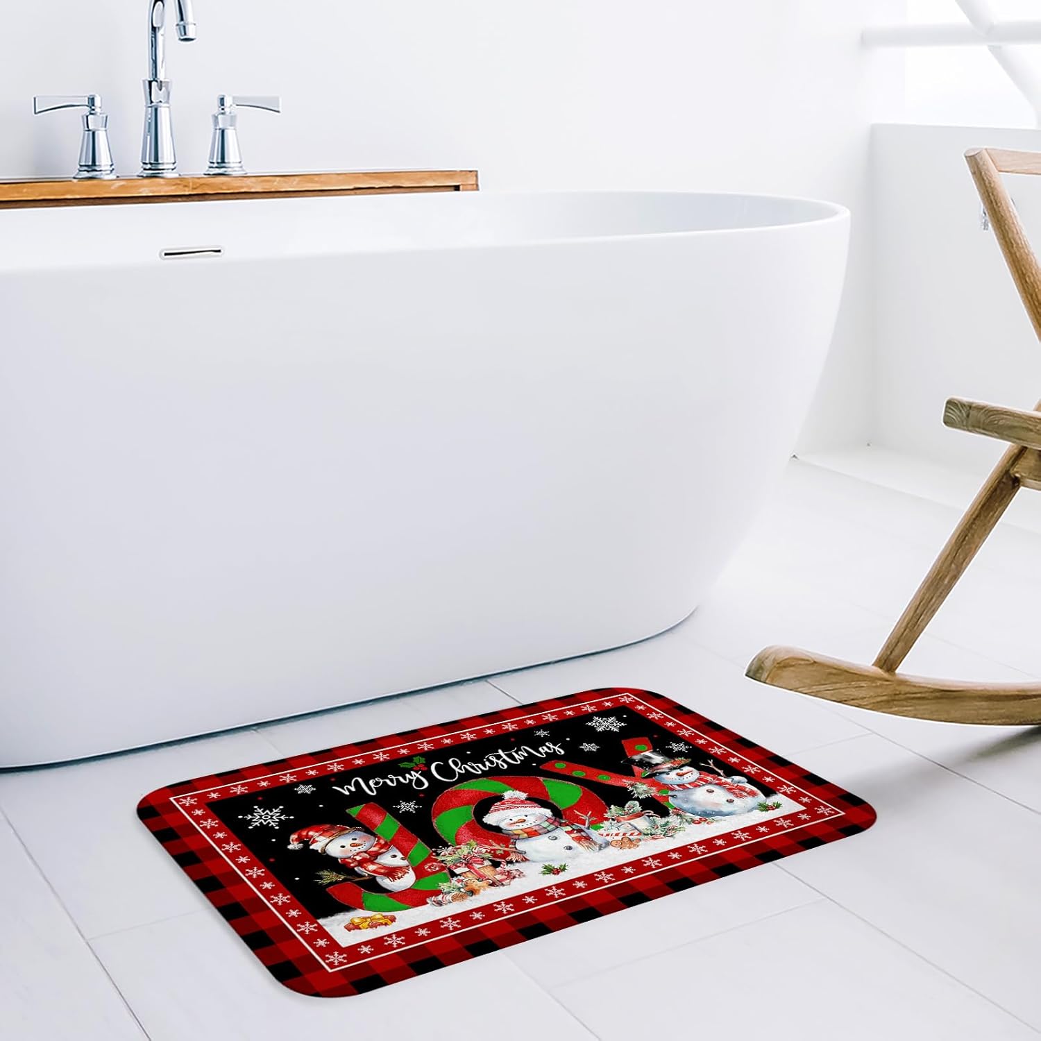 QueenKer Merry Christmas Front Door Mats, Joy Outdoor Indoor Entrance Doormat Snowman and Candy Kitchen Mat Non-Slip Bathroom Rugs Washable Buffalo Plaid Balck Floor Mats for Porch/Sink, 18" x 30"